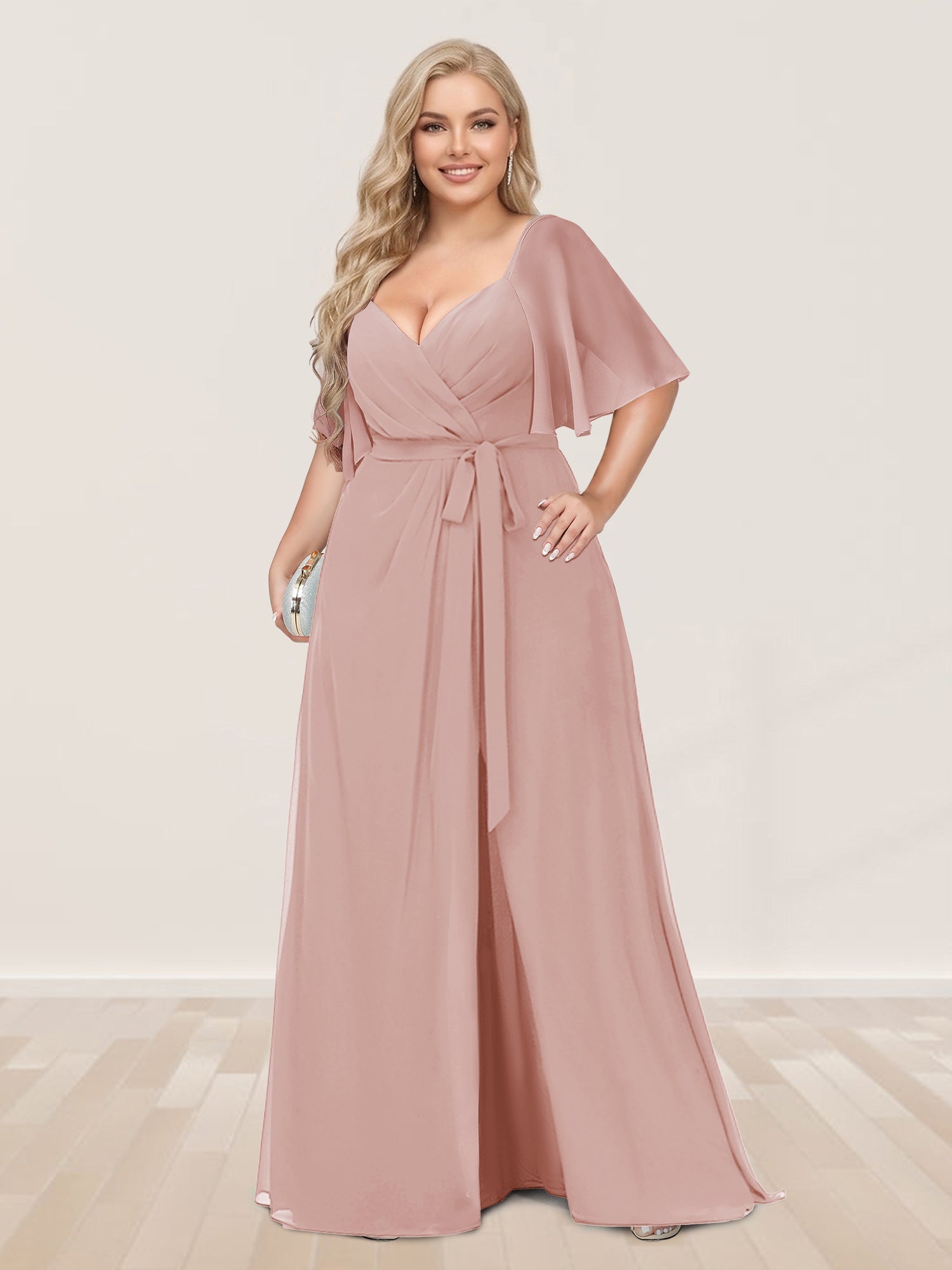 A-Line/Princess V-Neck Half Sleeves Plus Size Bridesmaid Dresses with Split Side Dusty Rose