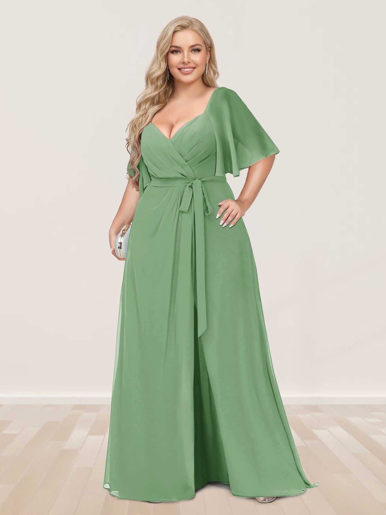 A-Line/Princess V-Neck Half Sleeves Plus Size Bridesmaid Dresses with Split Side Dusty Sage