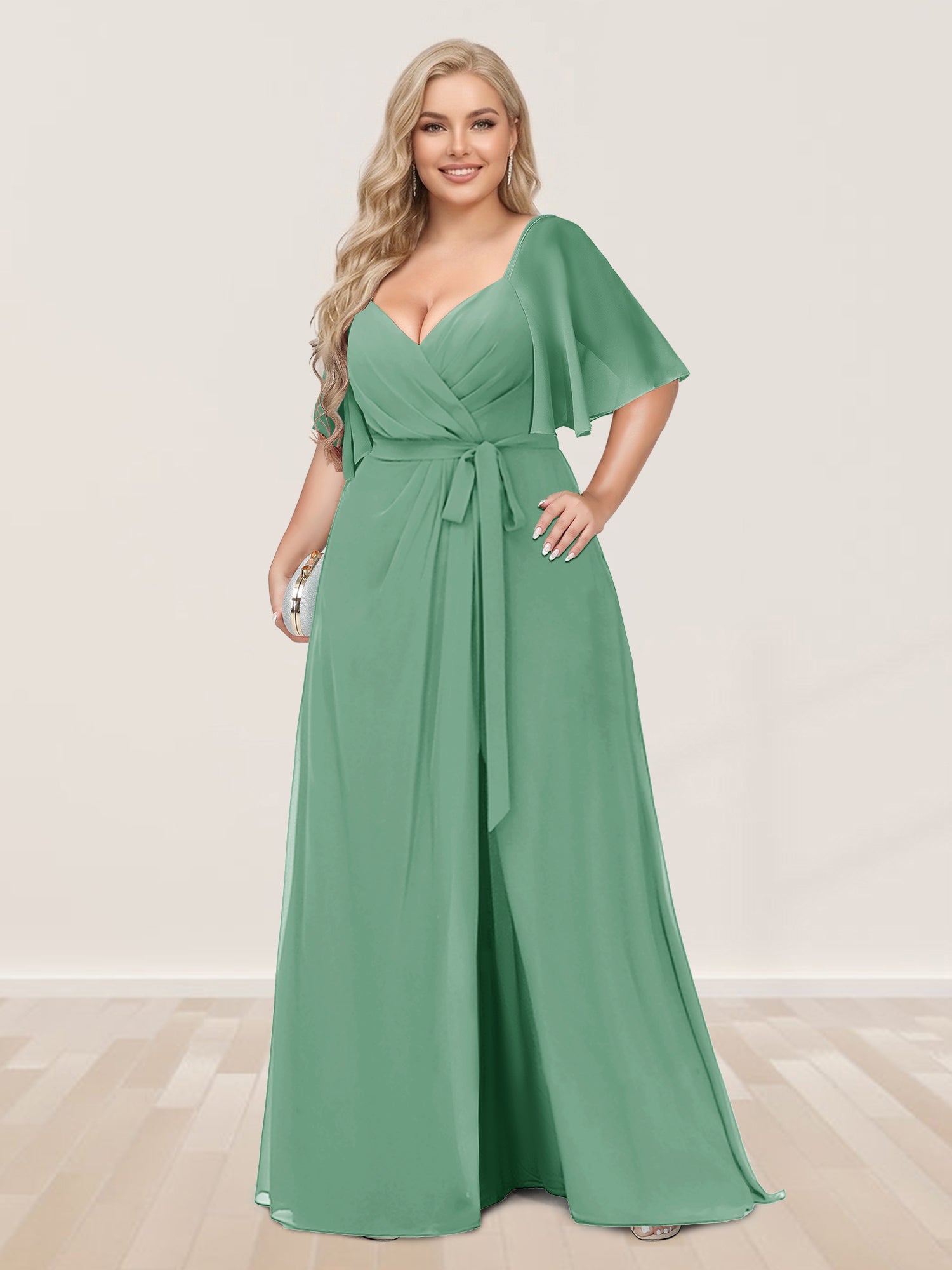 A-Line/Princess V-Neck Half Sleeves Plus Size Bridesmaid Dresses with Split Side Eucalyptus