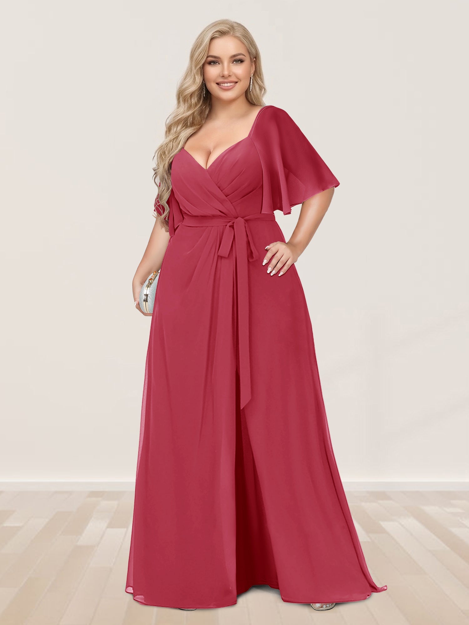 A-Line/Princess V-Neck Half Sleeves Plus Size Bridesmaid Dresses with Split Side Fuchsia Pink