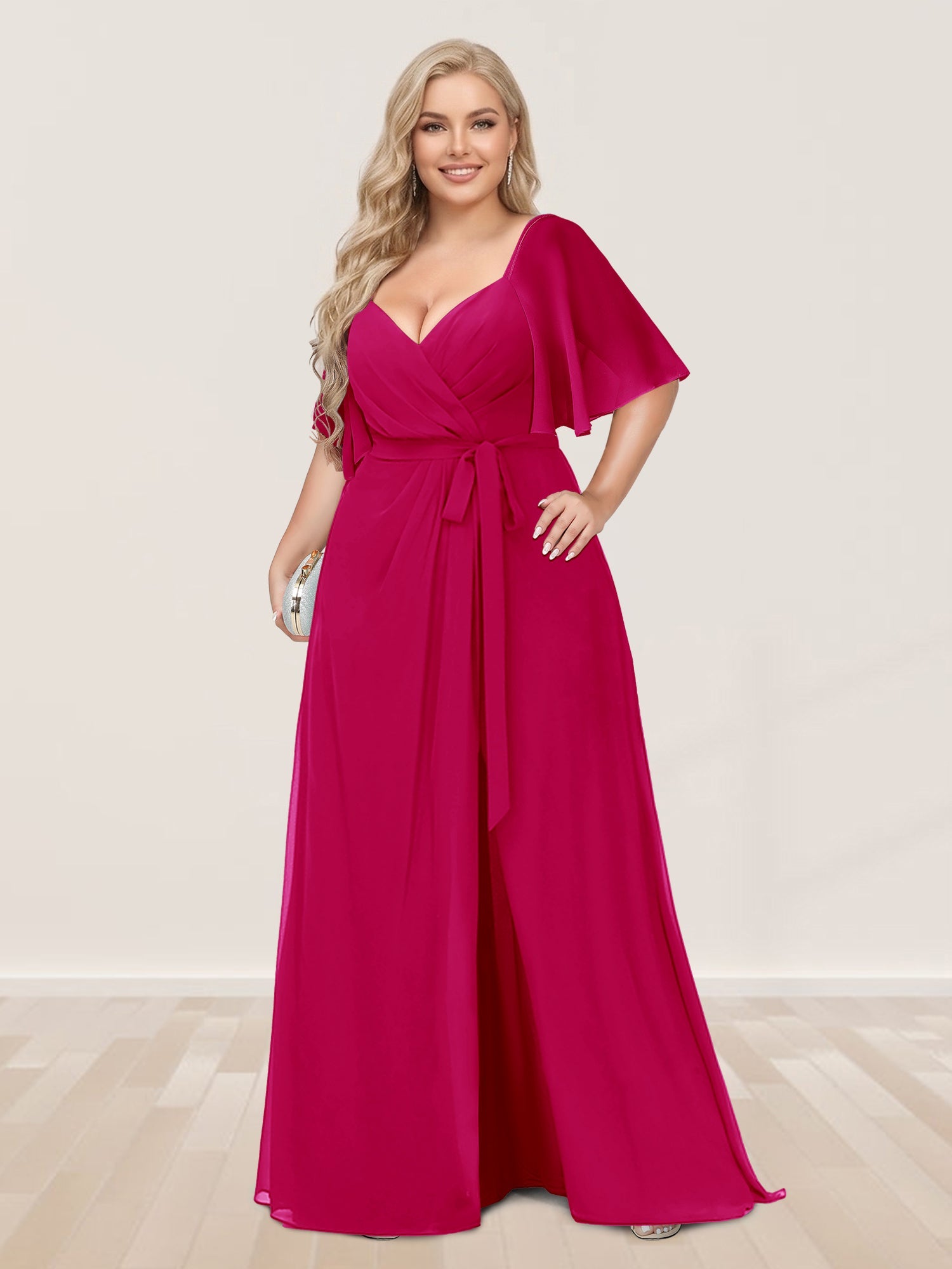 A-Line/Princess V-Neck Half Sleeves Plus Size Bridesmaid Dresses with Split Side Fuchsia