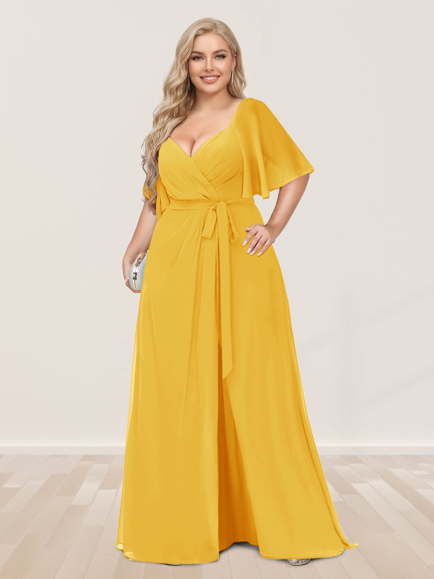 A-Line/Princess V-Neck Half Sleeves Plus Size Bridesmaid Dresses with Split Side Gold