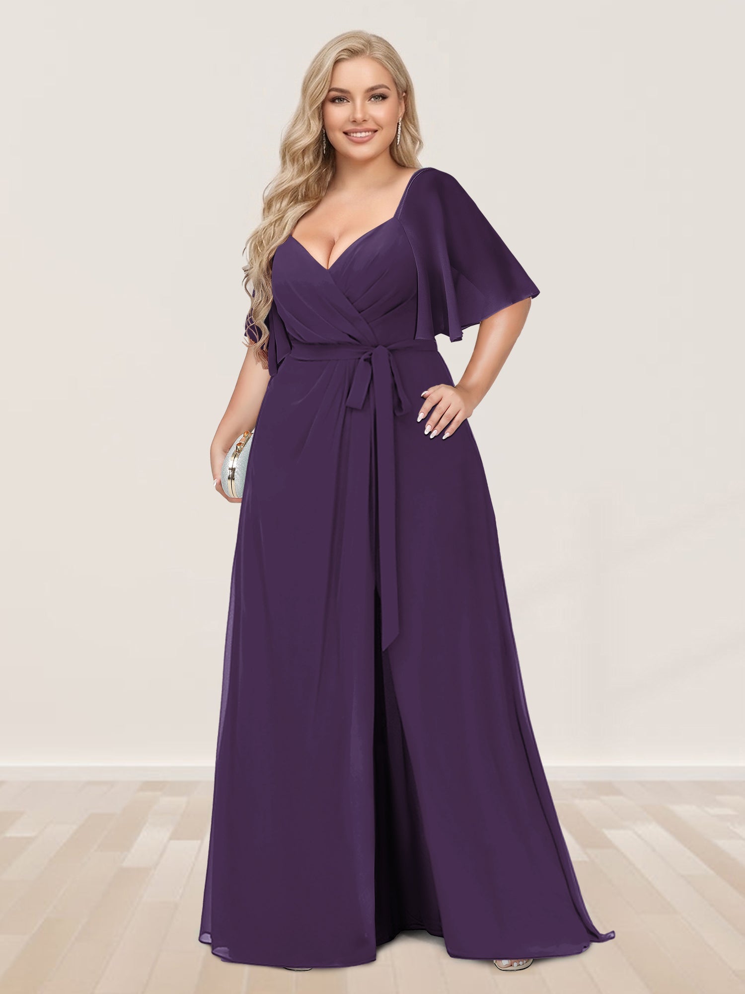 A-Line/Princess V-Neck Half Sleeves Plus Size Bridesmaid Dresses with Split Side Grape