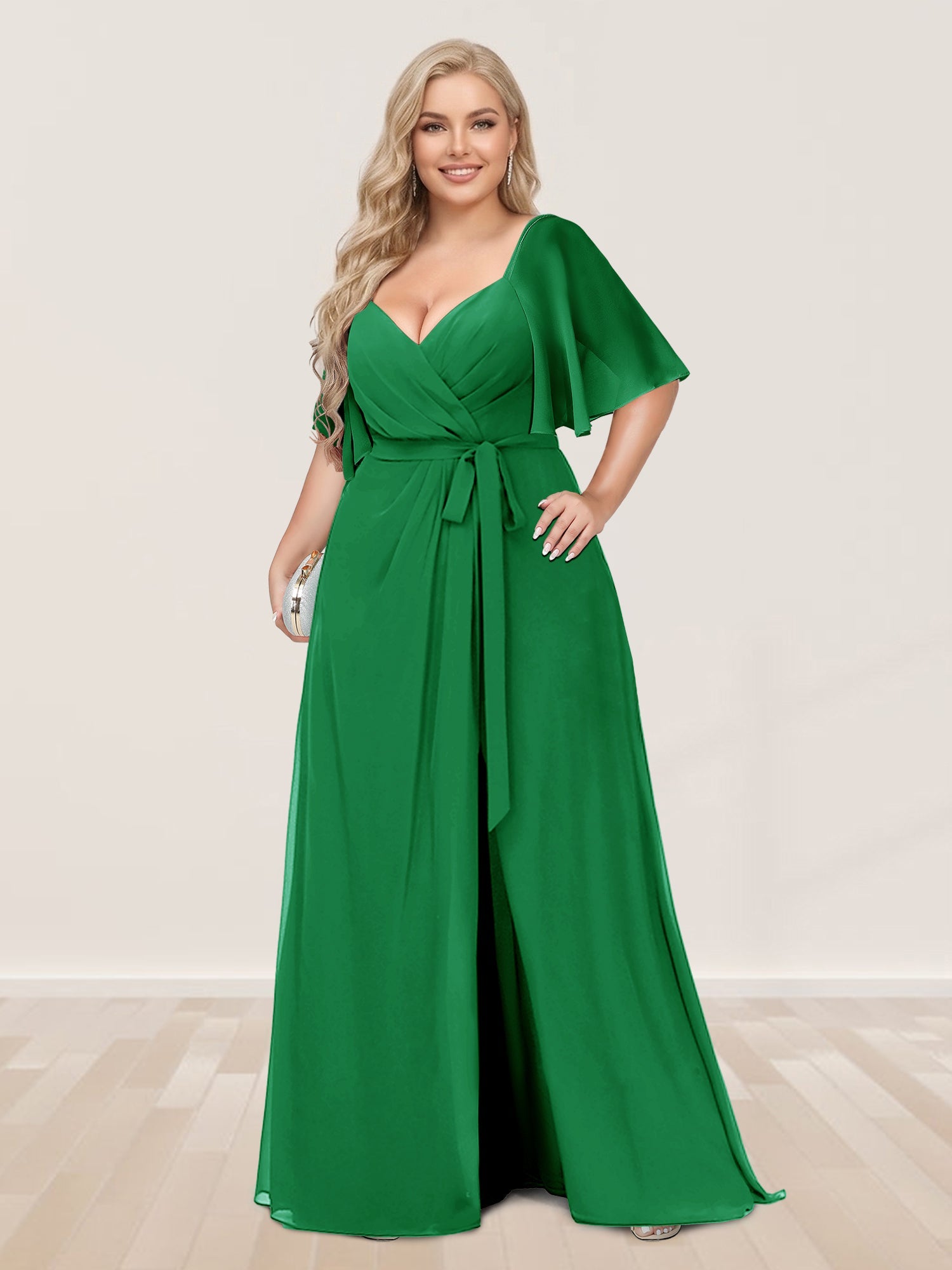 A-Line/Princess V-Neck Half Sleeves Plus Size Bridesmaid Dresses with Split Side Green