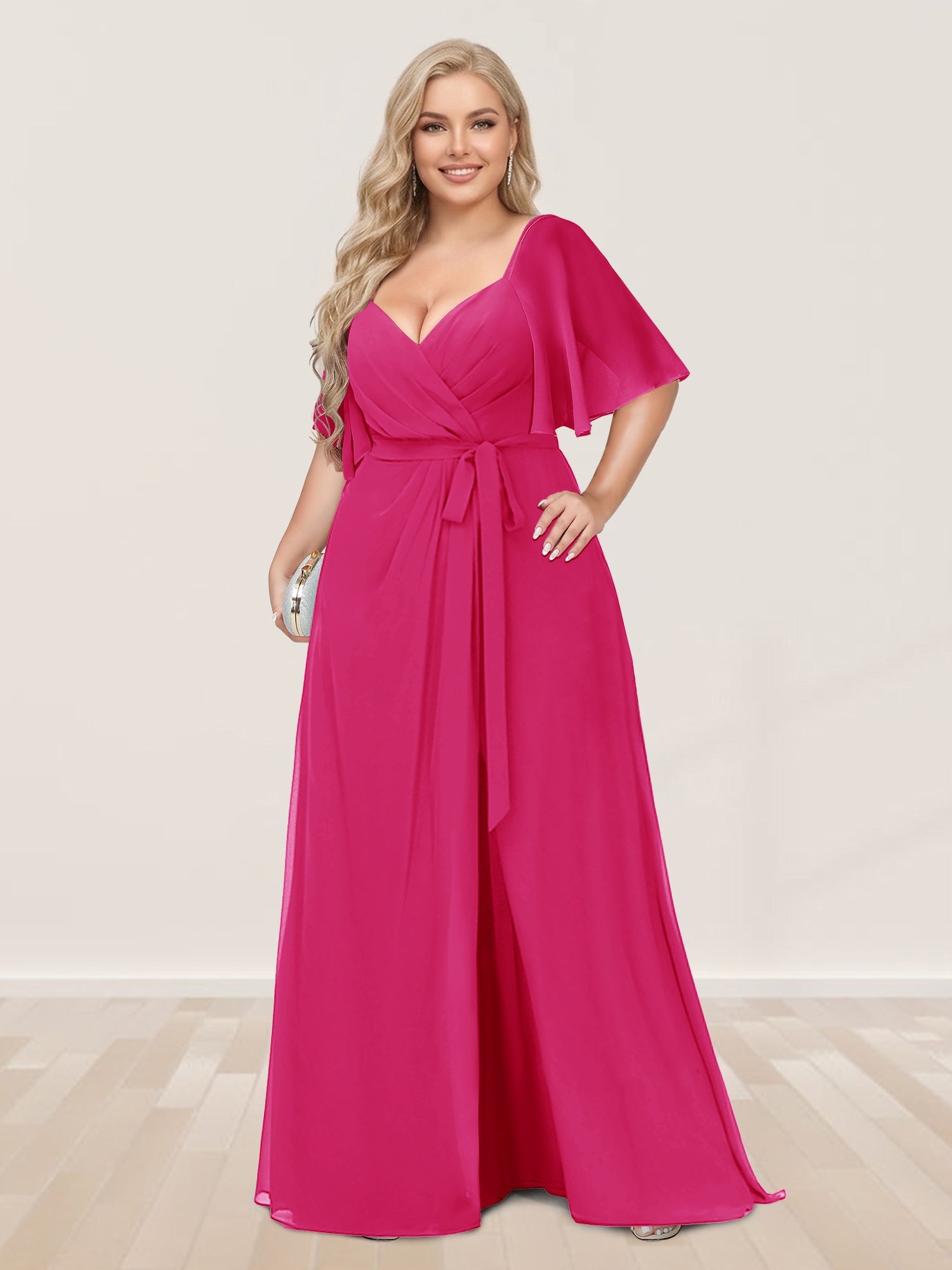 A-Line/Princess V-Neck Half Sleeves Plus Size Bridesmaid Dresses with Split Side Hot Pink