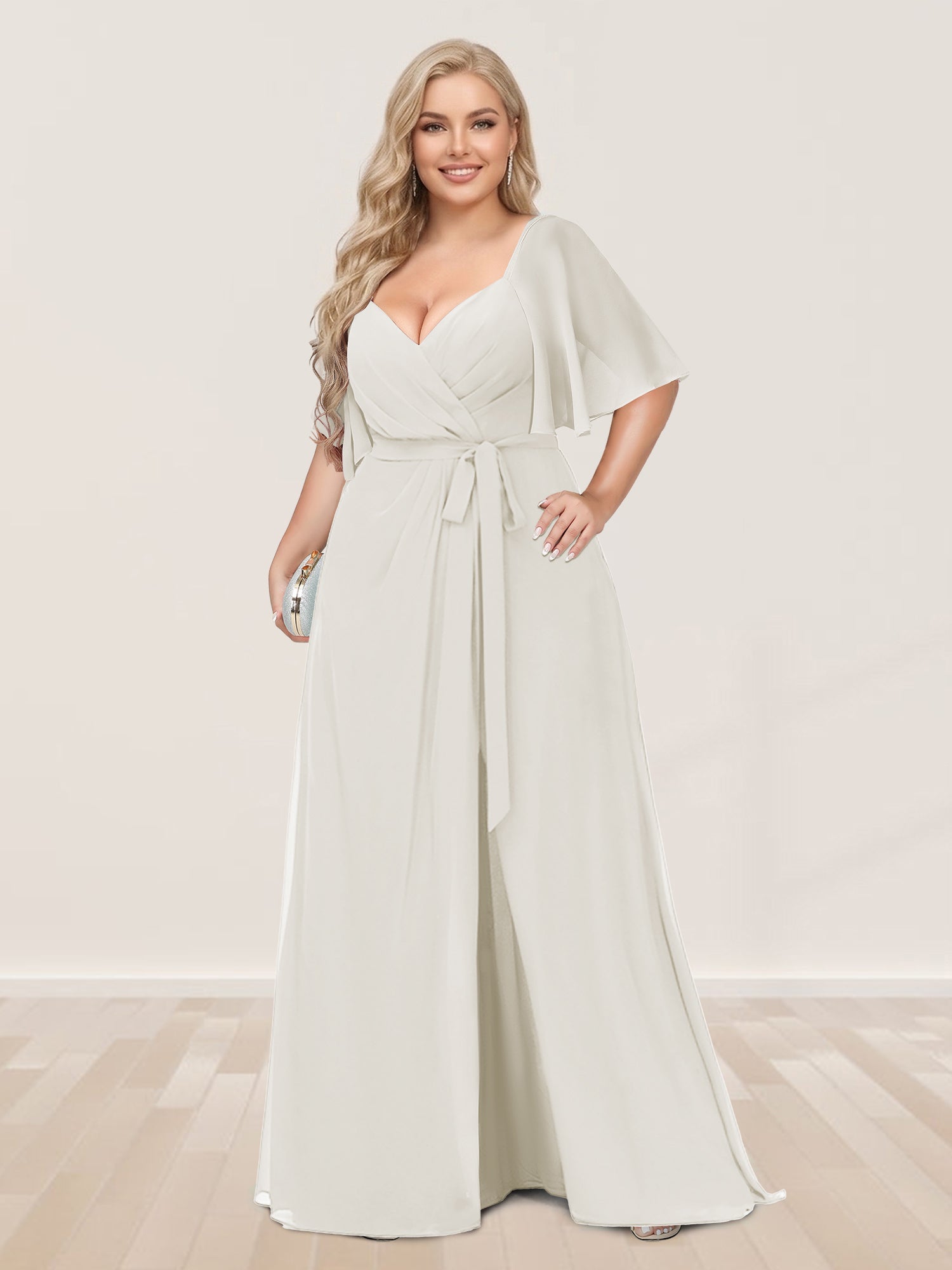 A-Line/Princess V-Neck Half Sleeves Plus Size Bridesmaid Dresses with Split Side Ivory