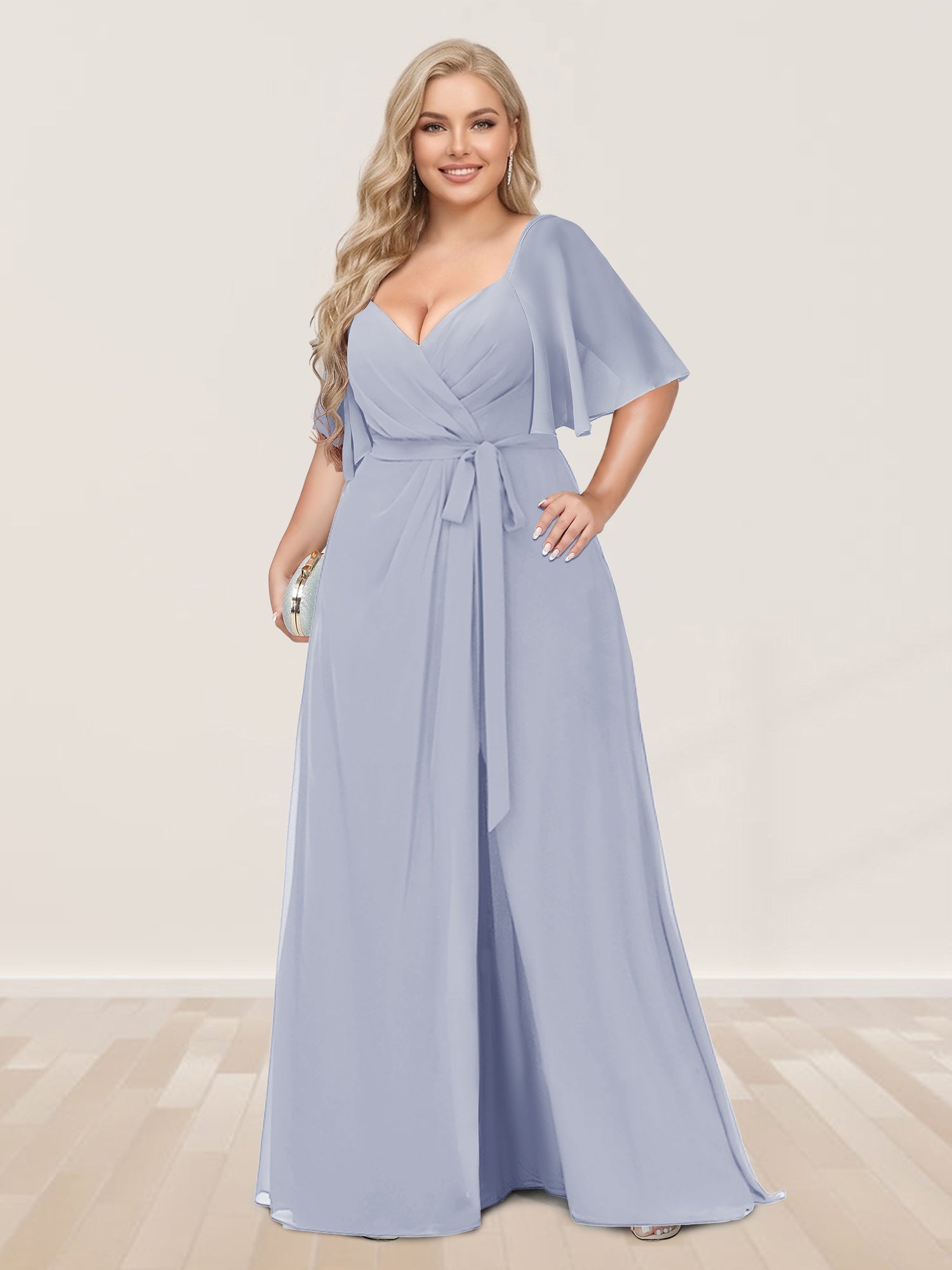 A-Line/Princess V-Neck Half Sleeves Plus Size Bridesmaid Dresses with Split Side Lavender