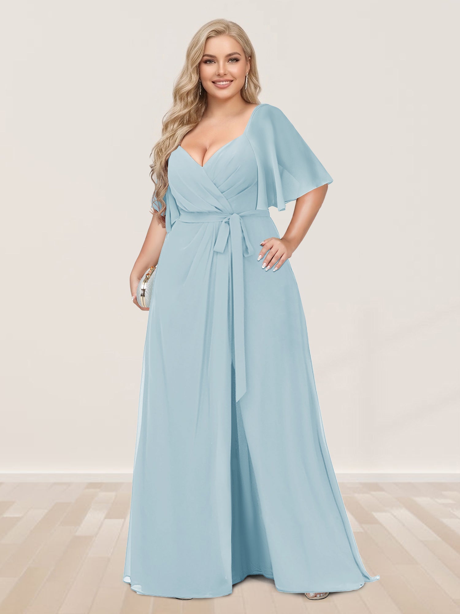A-Line/Princess V-Neck Half Sleeves Plus Size Bridesmaid Dresses with Split Side Light Blue