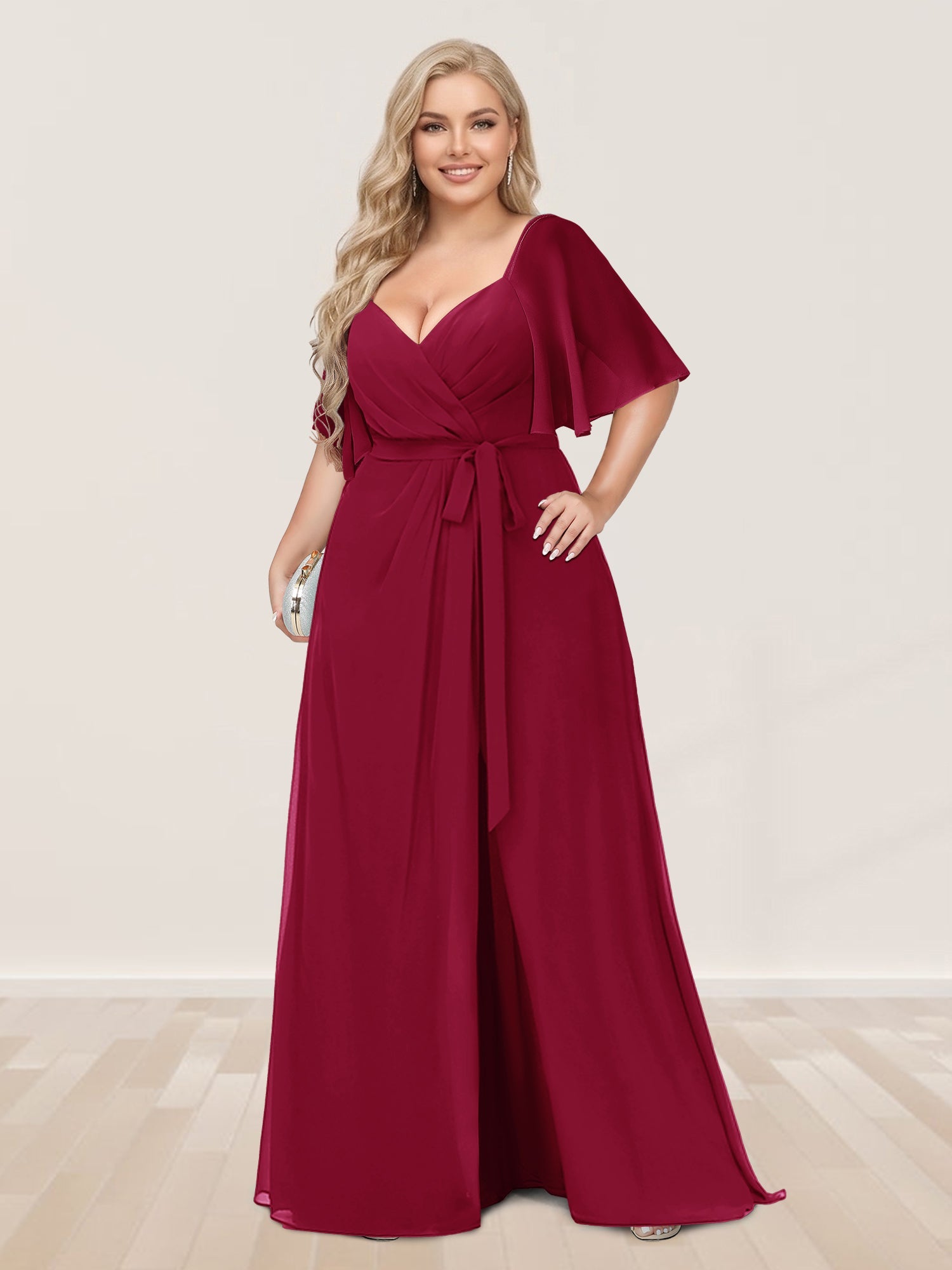 A-Line/Princess V-Neck Half Sleeves Plus Size Bridesmaid Dresses with Split Side Light Burgundy