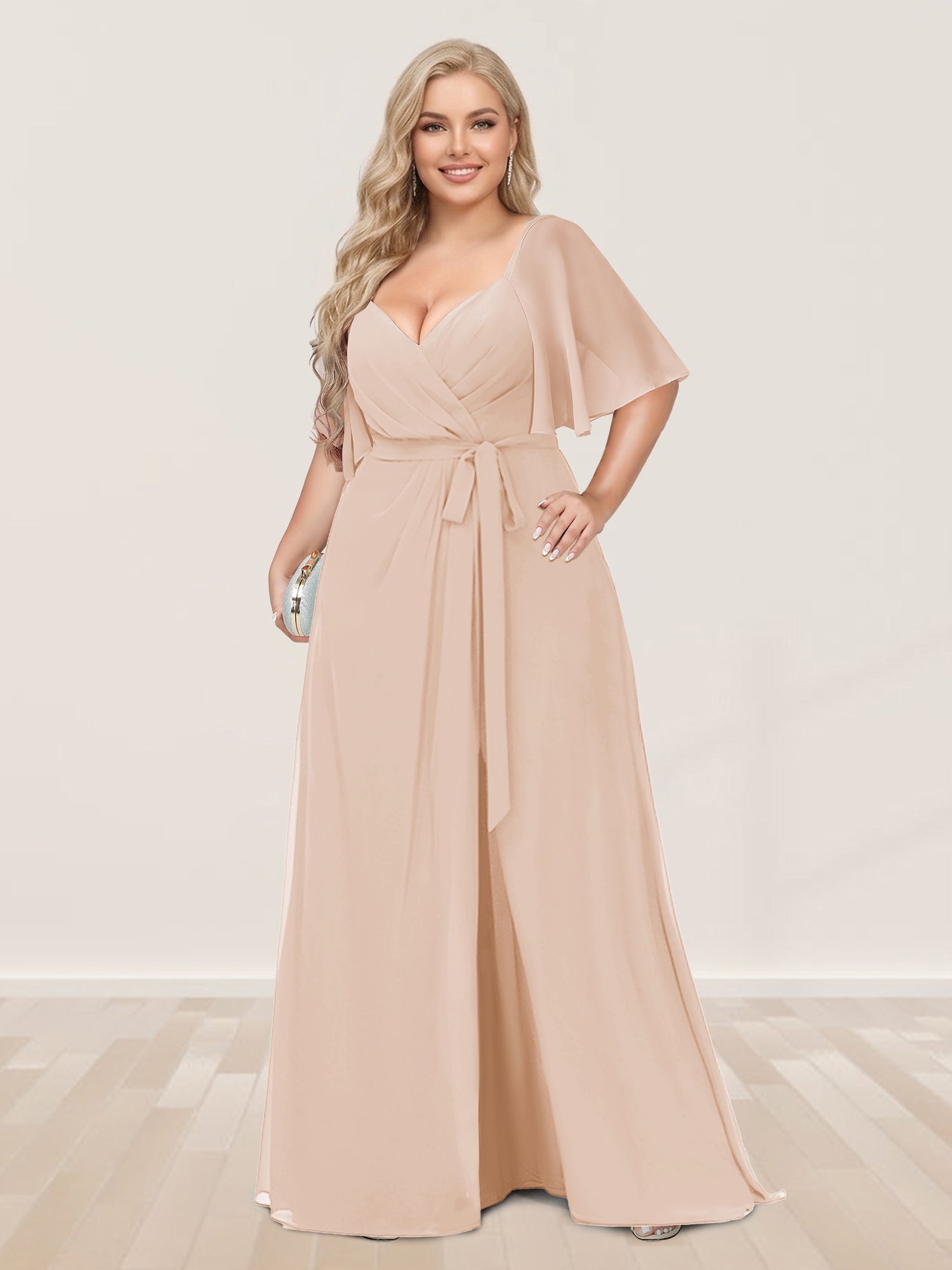 A-Line/Princess V-Neck Half Sleeves Plus Size Bridesmaid Dresses with Split Side Light Champagne
