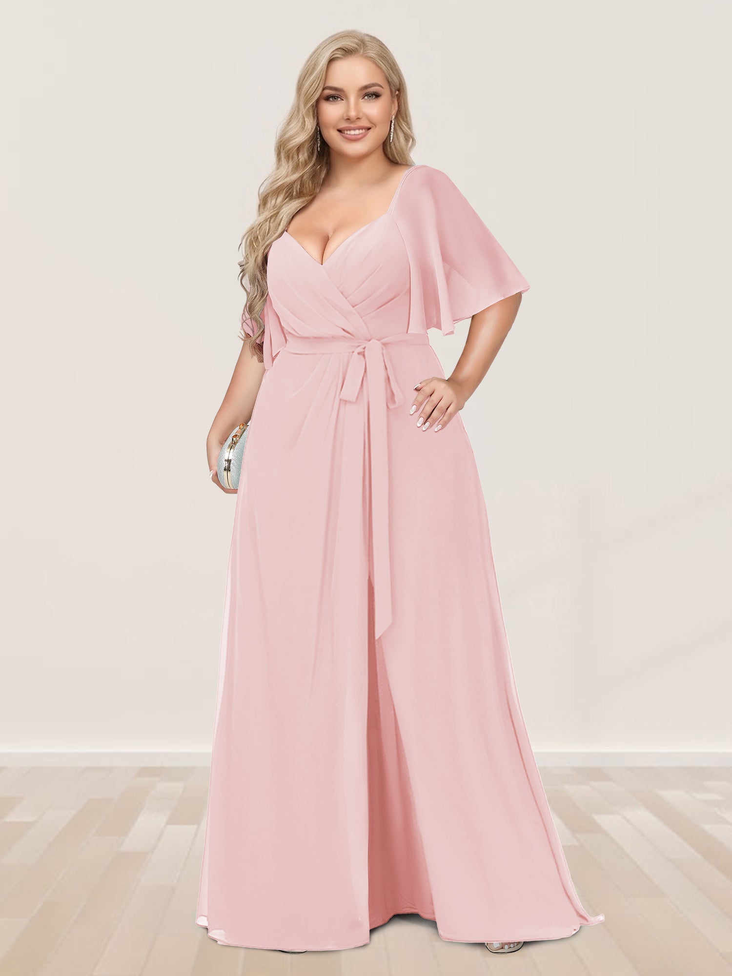 A-Line/Princess V-Neck Half Sleeves Plus Size Bridesmaid Dresses with Split Side Light Pink