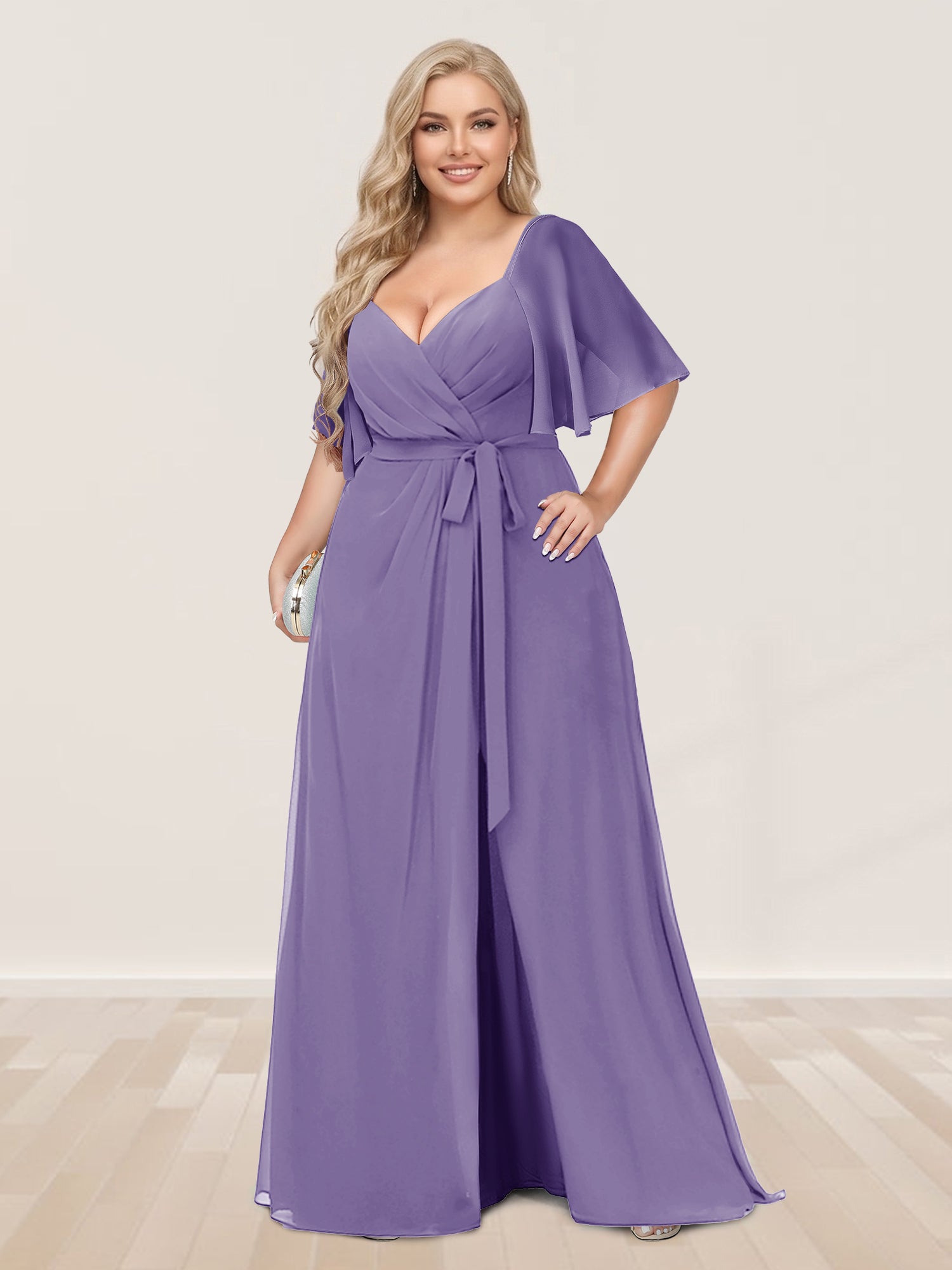 A-Line/Princess V-Neck Half Sleeves Plus Size Bridesmaid Dresses with Split Side Light Purple