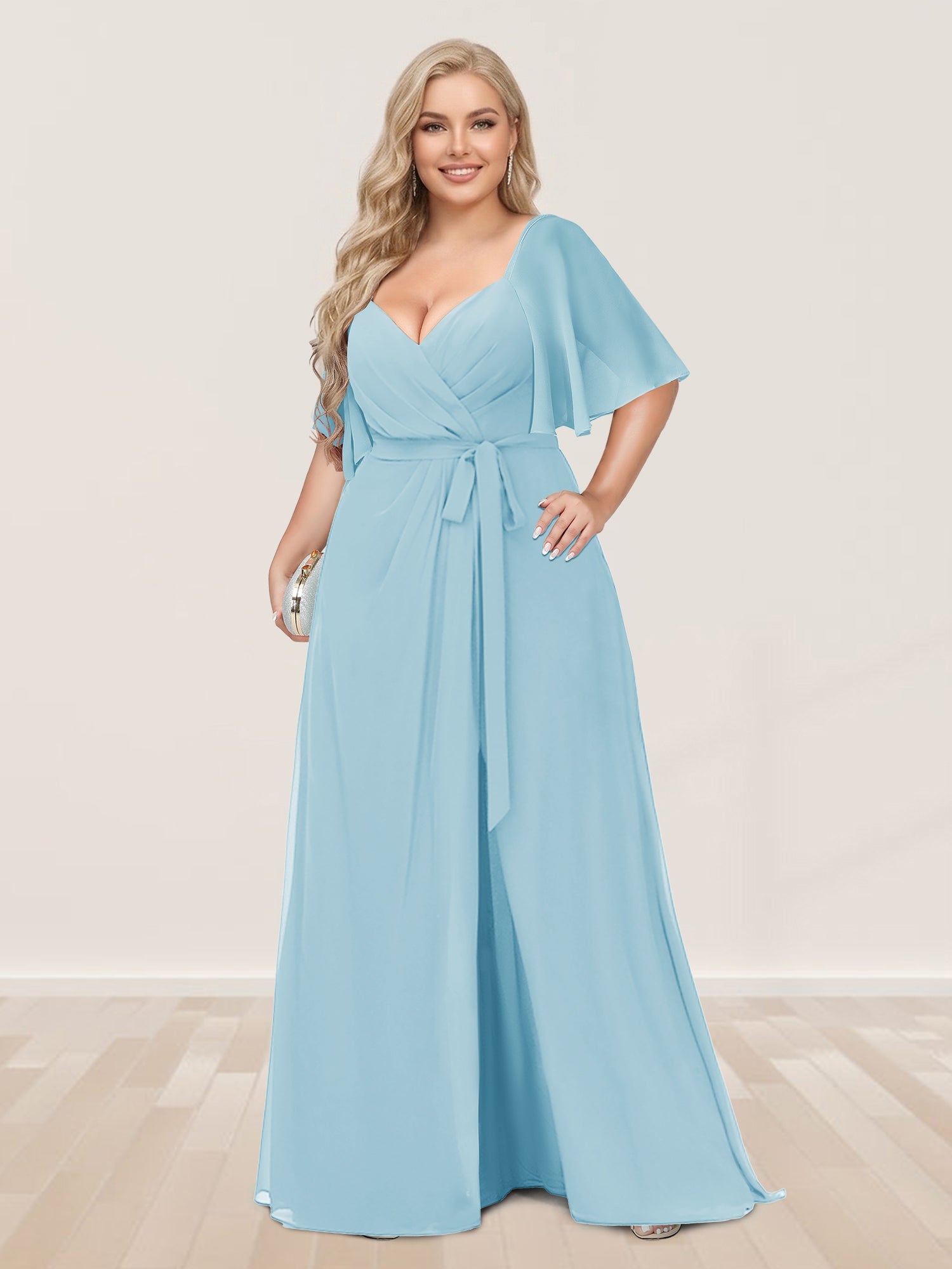 A-Line/Princess V-Neck Half Sleeves Plus Size Bridesmaid Dresses with Split Side Light Sky Blue