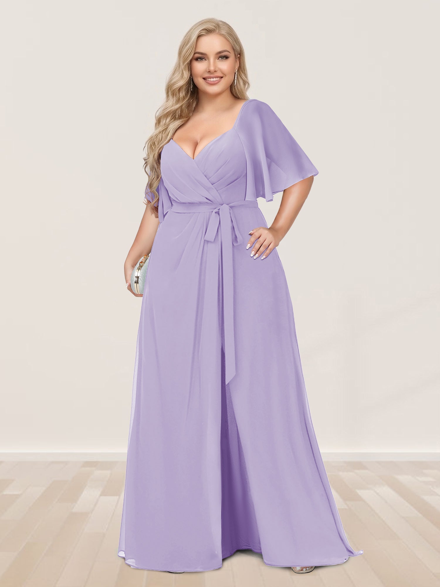 A-Line/Princess V-Neck Half Sleeves Plus Size Bridesmaid Dresses with Split Side Lilac