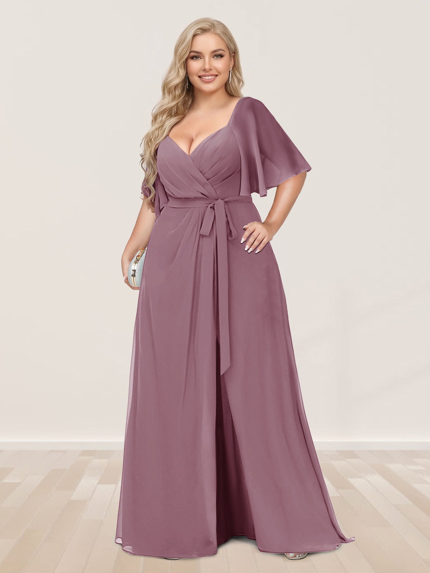 A-Line/Princess V-Neck Half Sleeves Plus Size Bridesmaid Dresses with Split Side Mauve