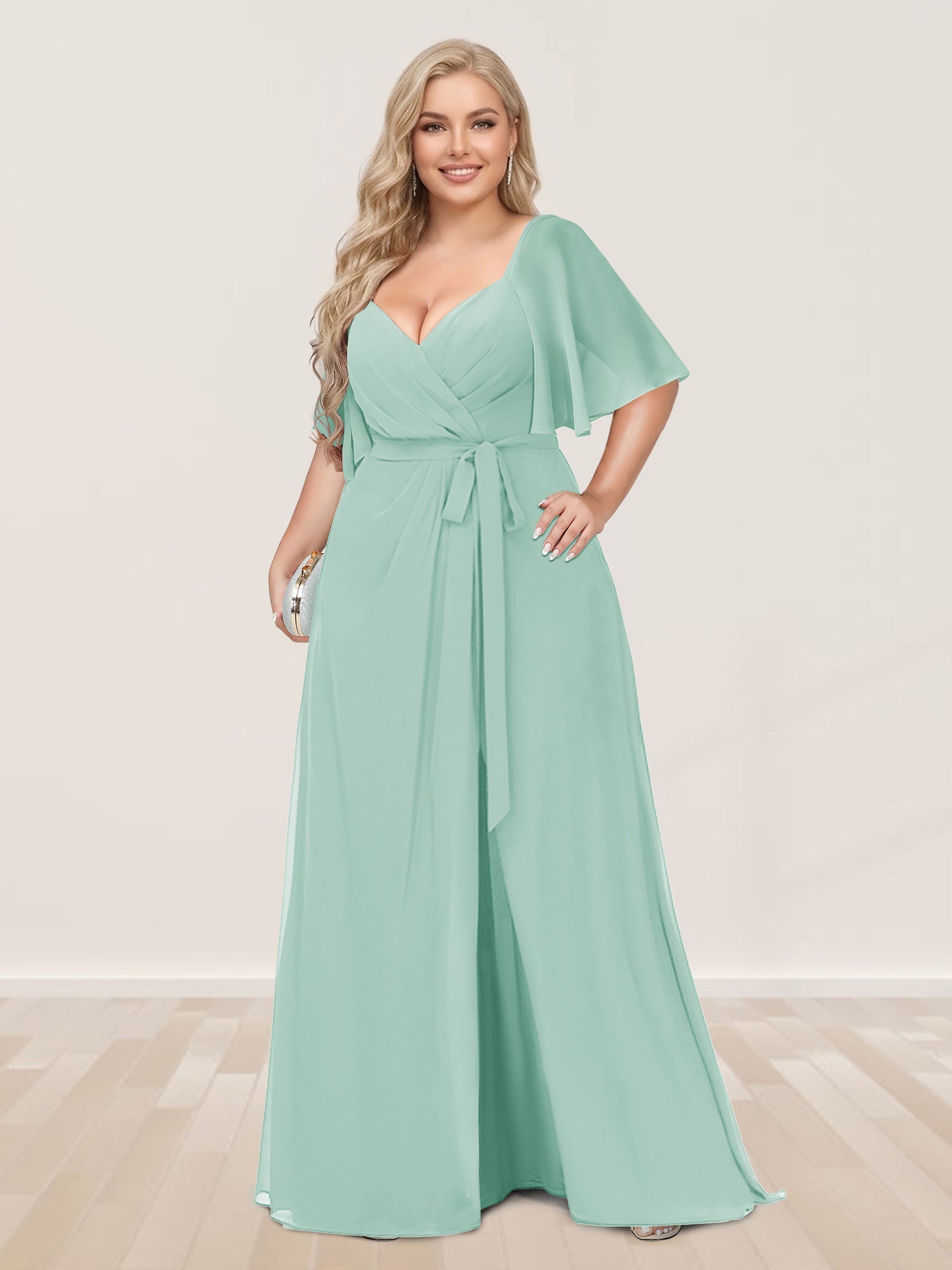 A-Line/Princess V-Neck Half Sleeves Plus Size Bridesmaid Dresses with Split Side Mint Green