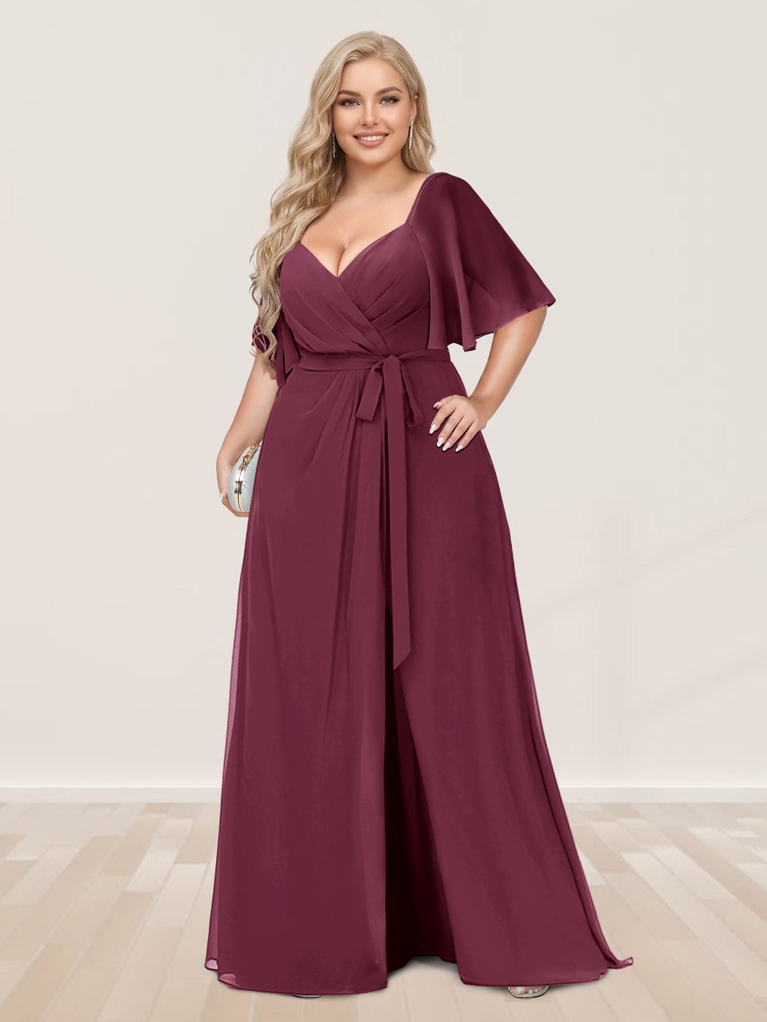 A-Line/Princess V-Neck Half Sleeves Plus Size Bridesmaid Dresses with Split Side Mulberry