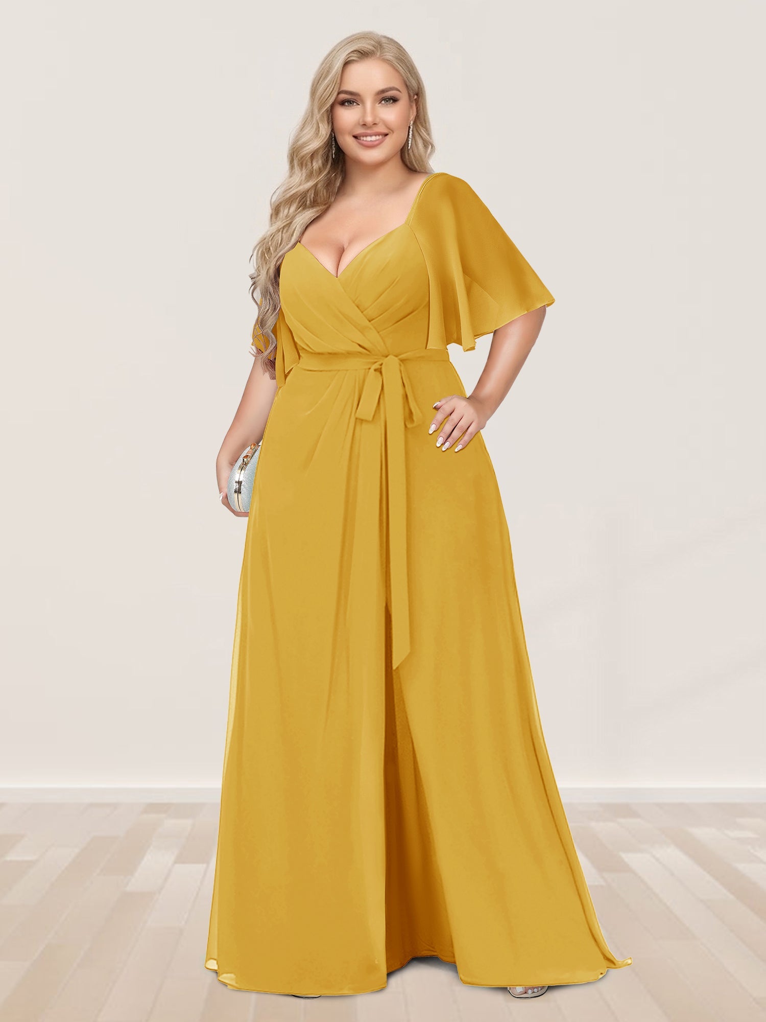 A-Line/Princess V-Neck Half Sleeves Plus Size Bridesmaid Dresses with Split Side Mustard Yellow
