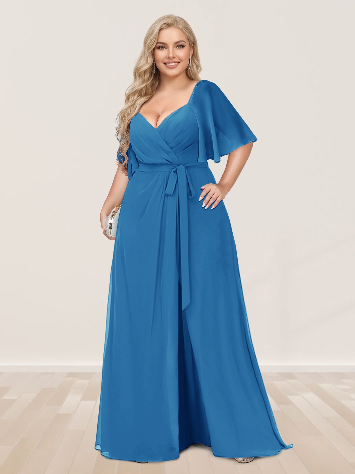A-Line/Princess V-Neck Half Sleeves Plus Size Bridesmaid Dresses with Split Side Ocean Blue