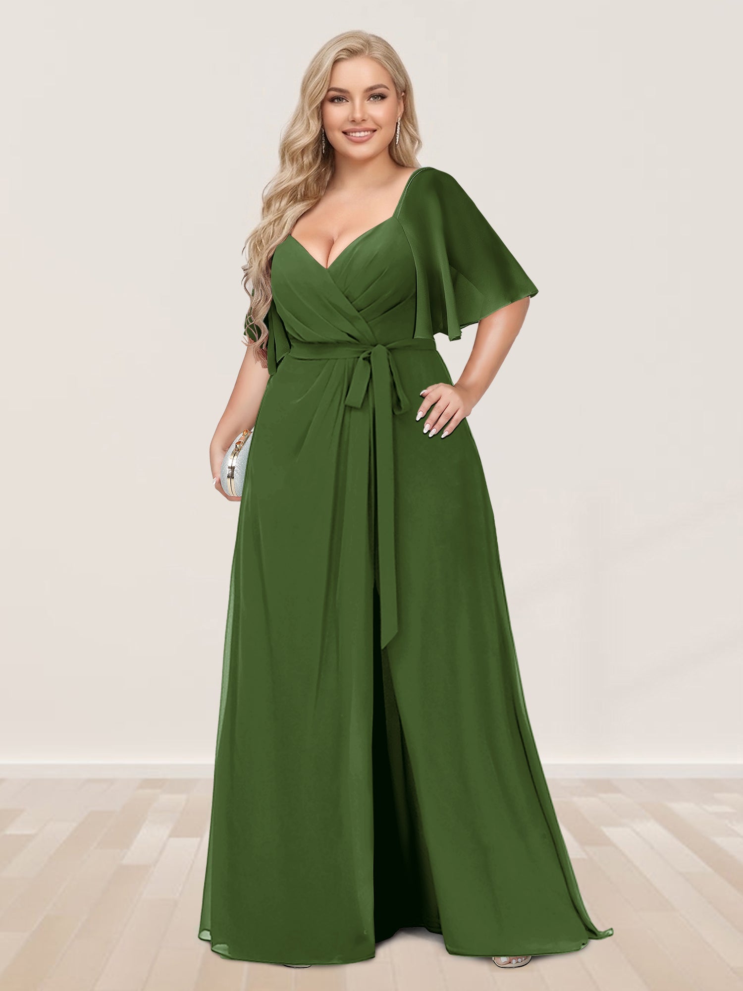 A-Line/Princess V-Neck Half Sleeves Plus Size Bridesmaid Dresses with Split Side Olive Green