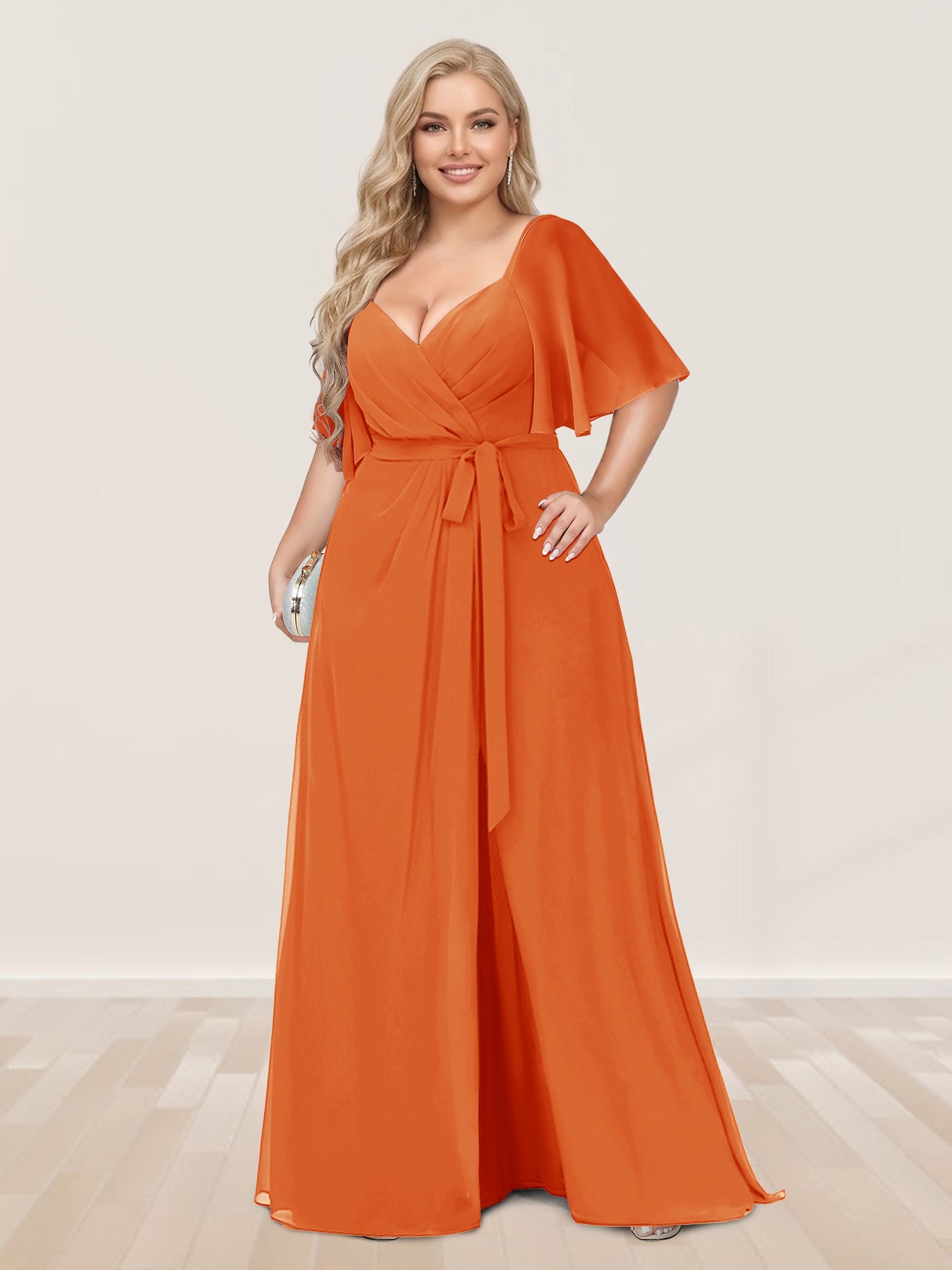 A-Line/Princess V-Neck Half Sleeves Plus Size Bridesmaid Dresses with Split Side Orange