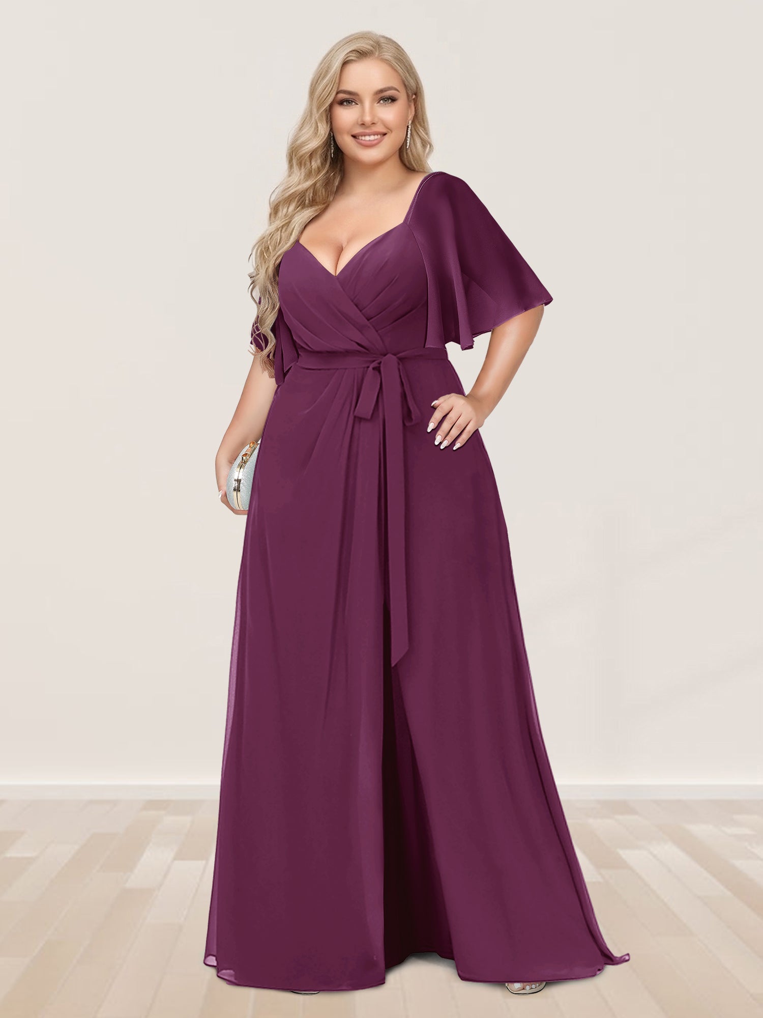 A-Line/Princess V-Neck Half Sleeves Plus Size Bridesmaid Dresses with Split Side Orchid