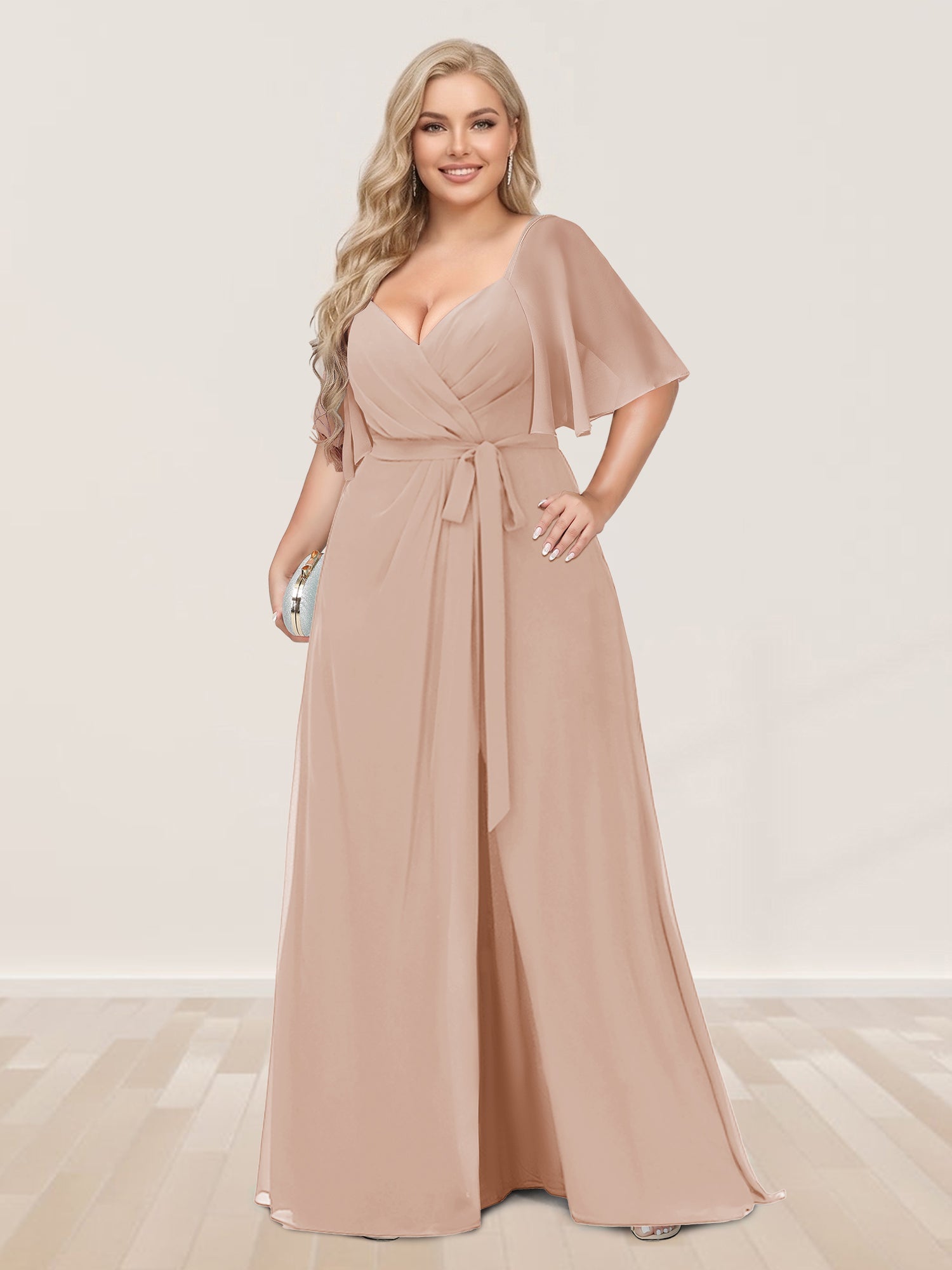 A-Line/Princess V-Neck Half Sleeves Plus Size Bridesmaid Dresses with Split Side Peach Pink