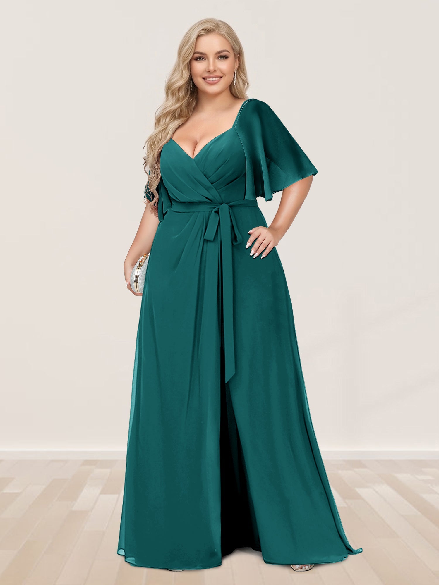 A-Line/Princess V-Neck Half Sleeves Plus Size Bridesmaid Dresses with Split Side Peacock