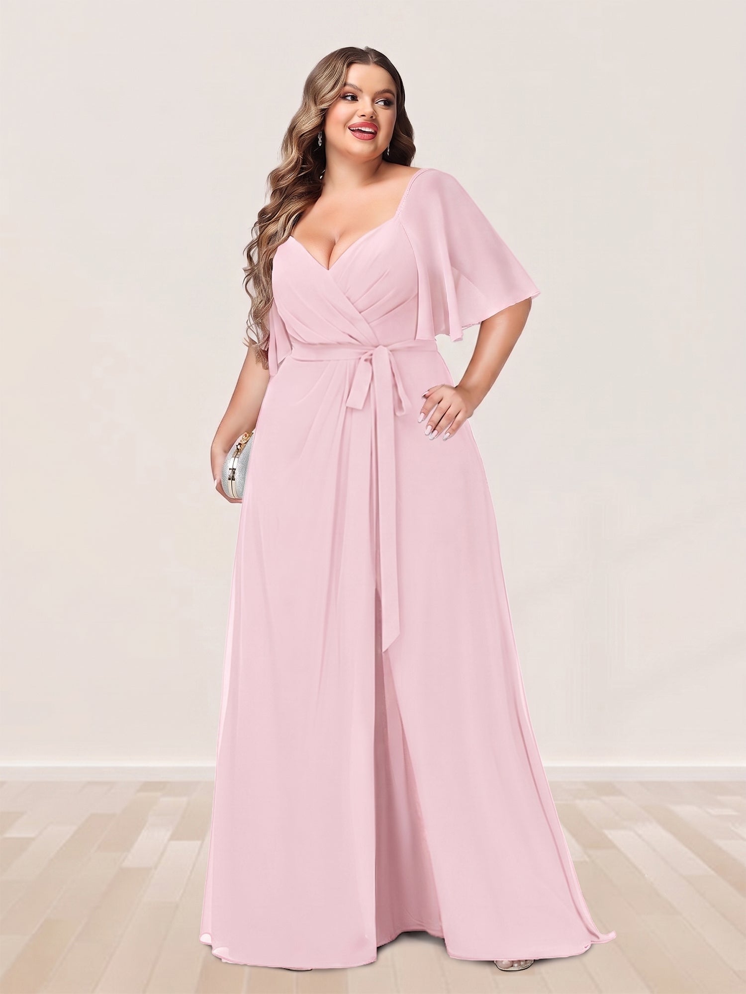 A-Line/Princess V-Neck Half Sleeves Plus Size Bridesmaid Dresses with Split Side Pearl Pink