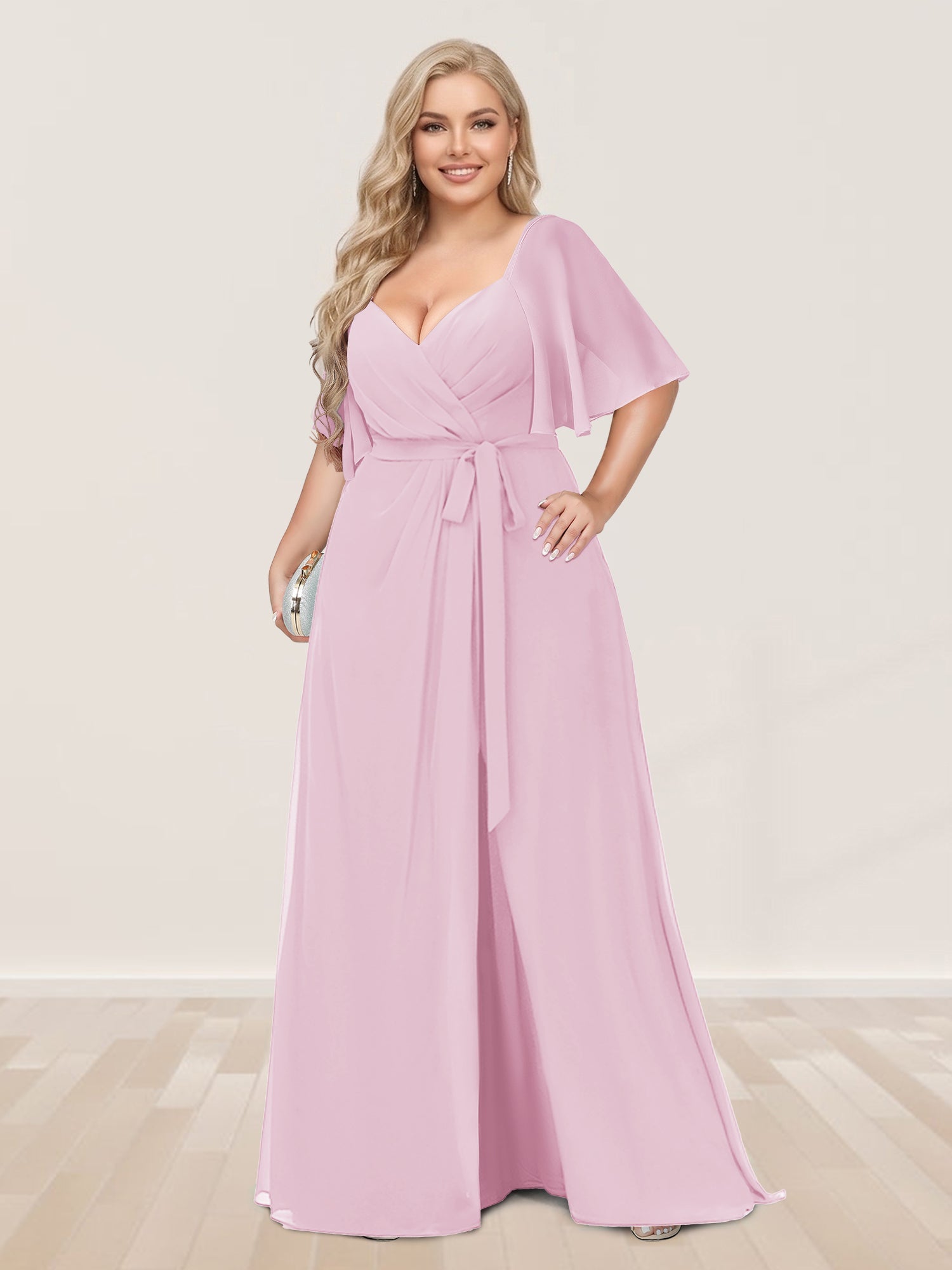 A-Line/Princess V-Neck Half Sleeves Plus Size Bridesmaid Dresses with Split Side Pink