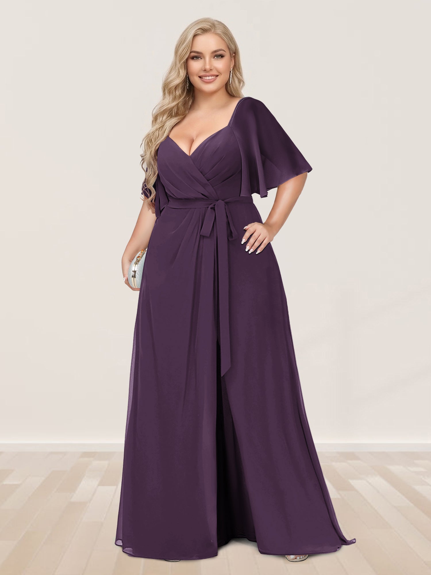 A-Line/Princess V-Neck Half Sleeves Plus Size Bridesmaid Dresses with Split Side Plum