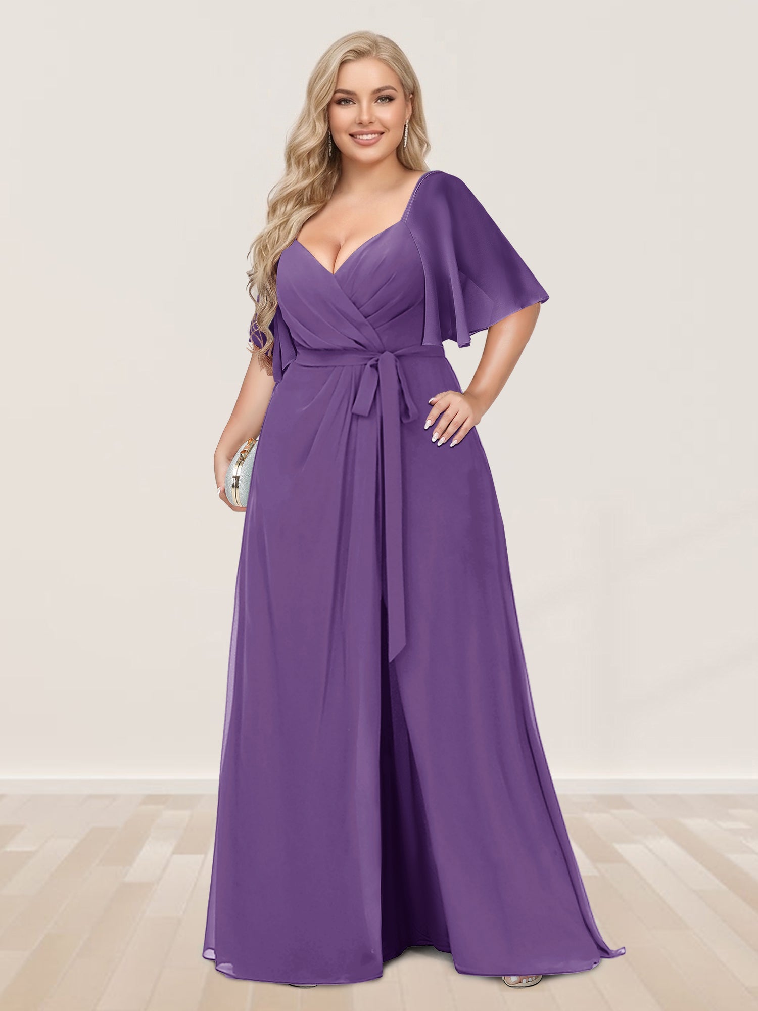 A-Line/Princess V-Neck Half Sleeves Plus Size Bridesmaid Dresses with Split Side Purple