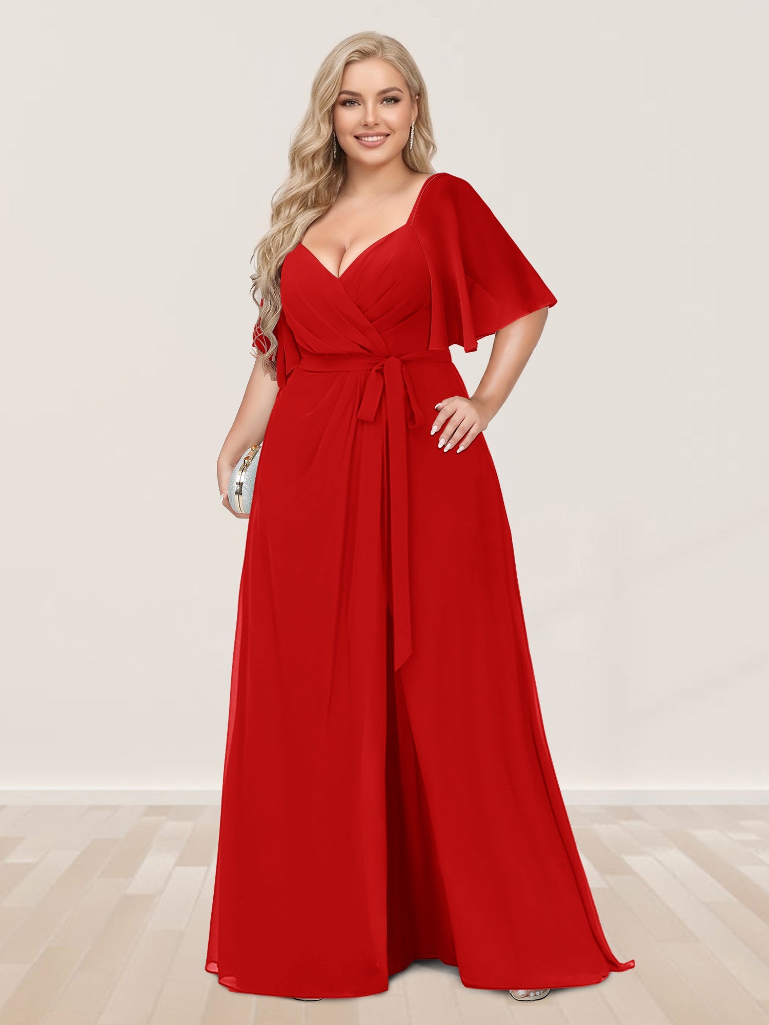 A-Line/Princess V-Neck Half Sleeves Plus Size Bridesmaid Dresses with Split Side Red