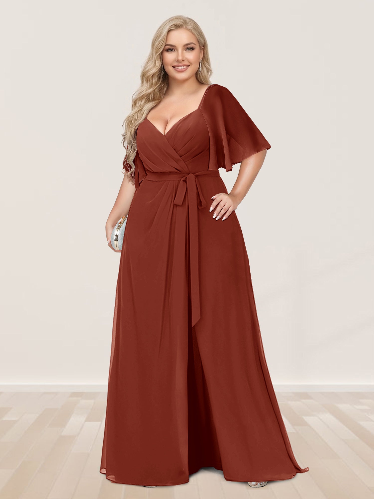 A-Line/Princess V-Neck Half Sleeves Plus Size Bridesmaid Dresses with Split Side Rust