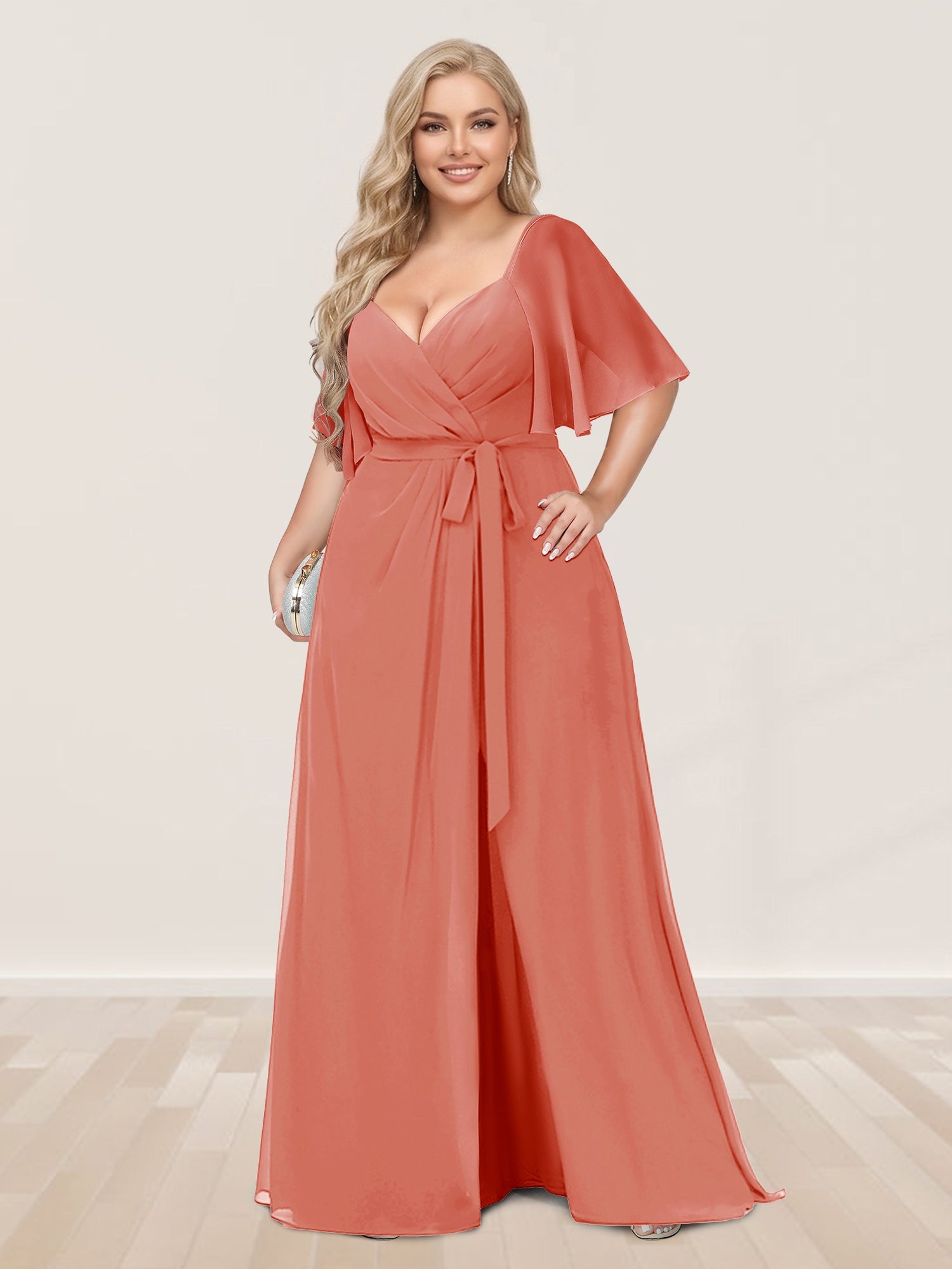 A-Line/Princess V-Neck Half Sleeves Plus Size Bridesmaid Dresses with Split Side Salmon