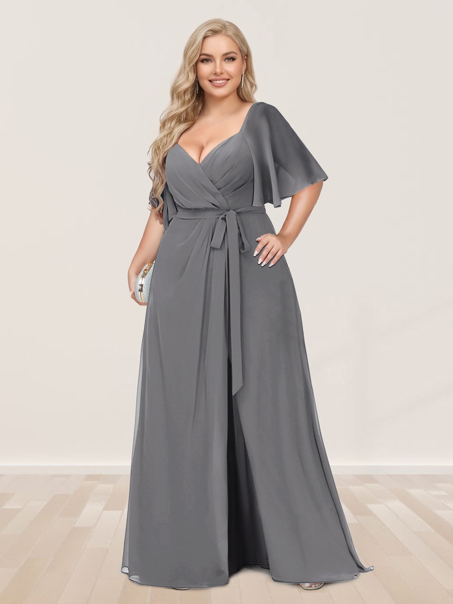 A-Line/Princess V-Neck Half Sleeves Plus Size Bridesmaid Dresses with Split Side Silver Gray