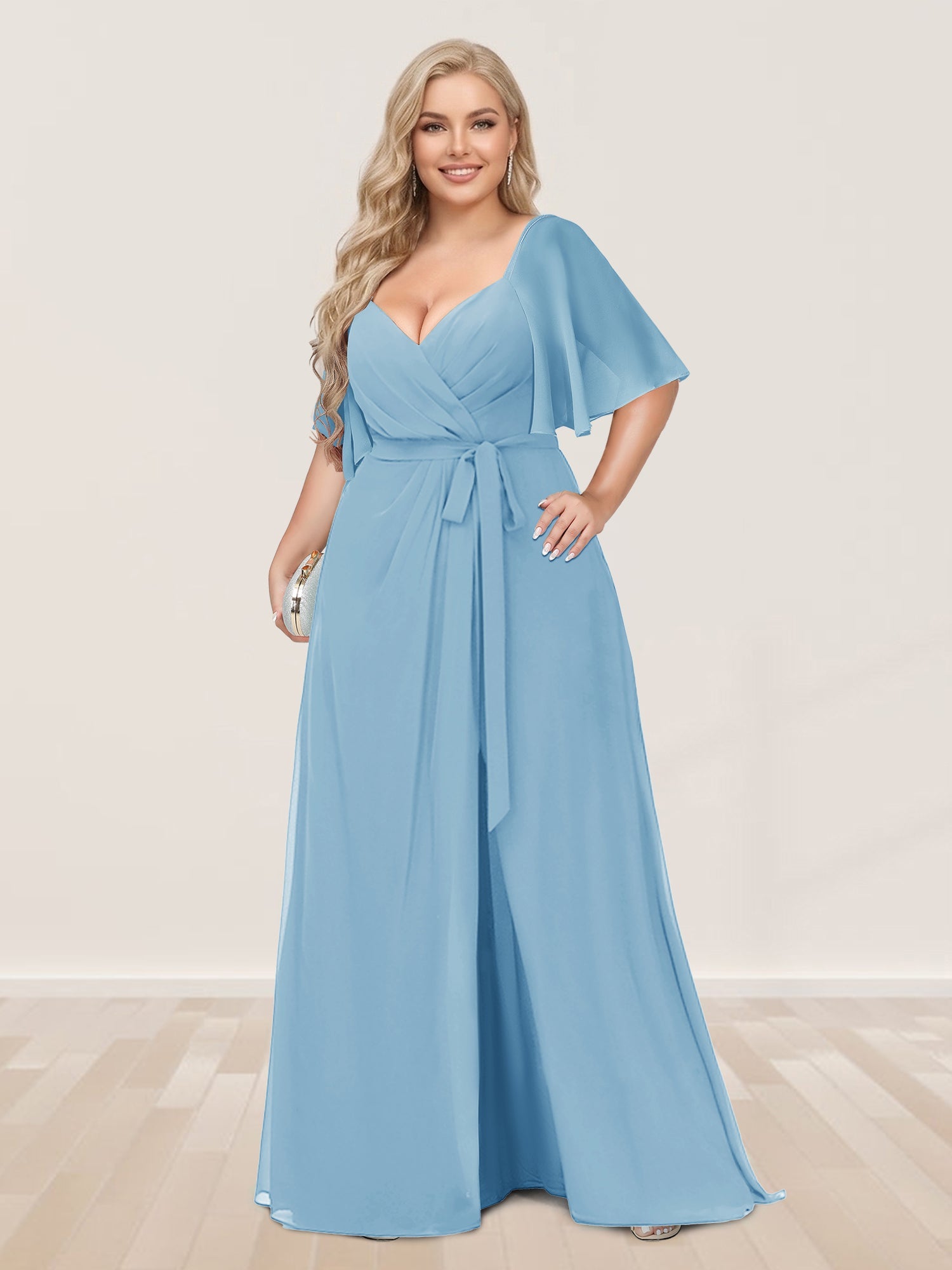 A-Line/Princess V-Neck Half Sleeves Plus Size Bridesmaid Dresses with Split Side Sky Blue