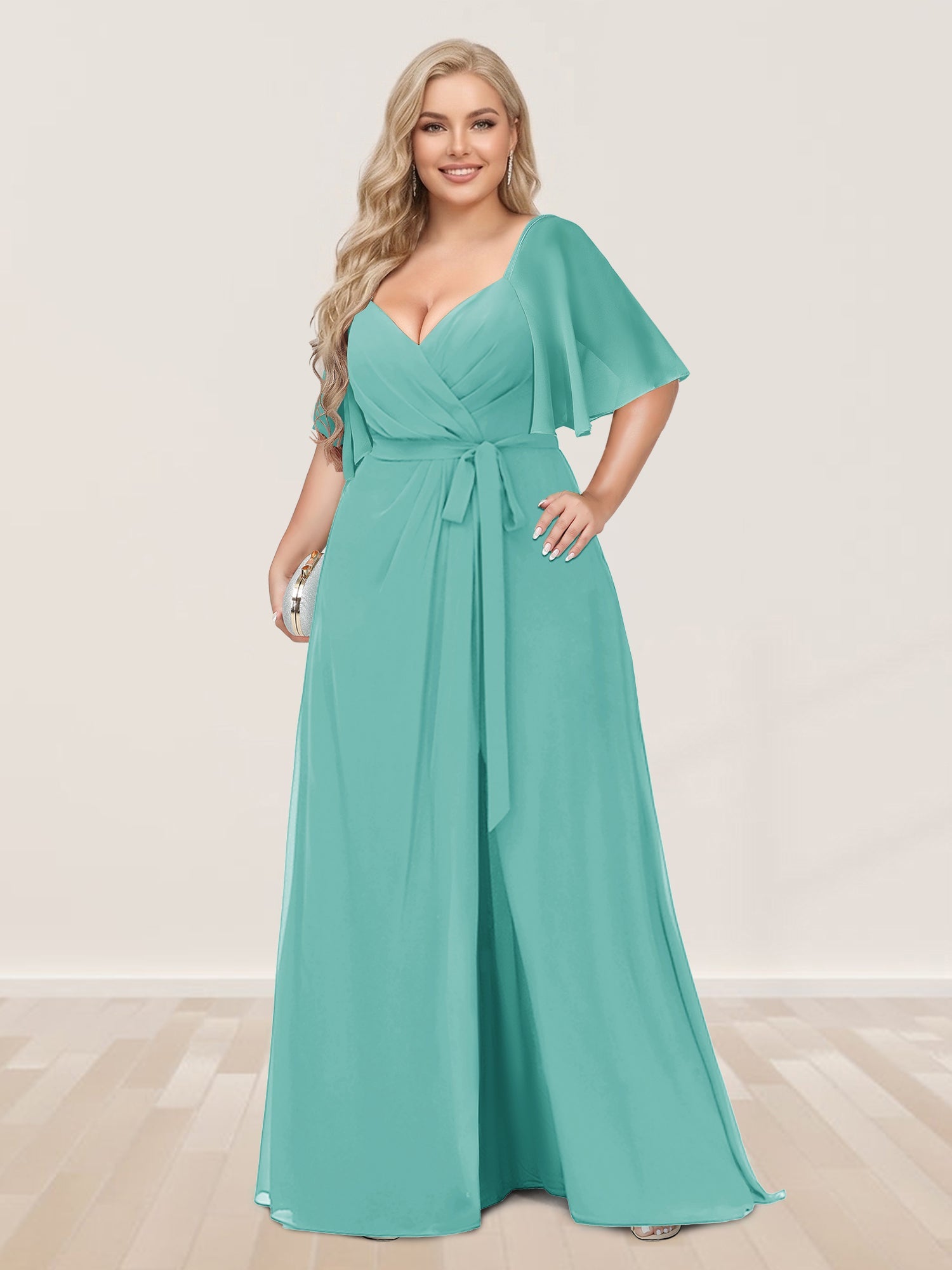 A-Line/Princess V-Neck Half Sleeves Plus Size Bridesmaid Dresses with Split Side Spa