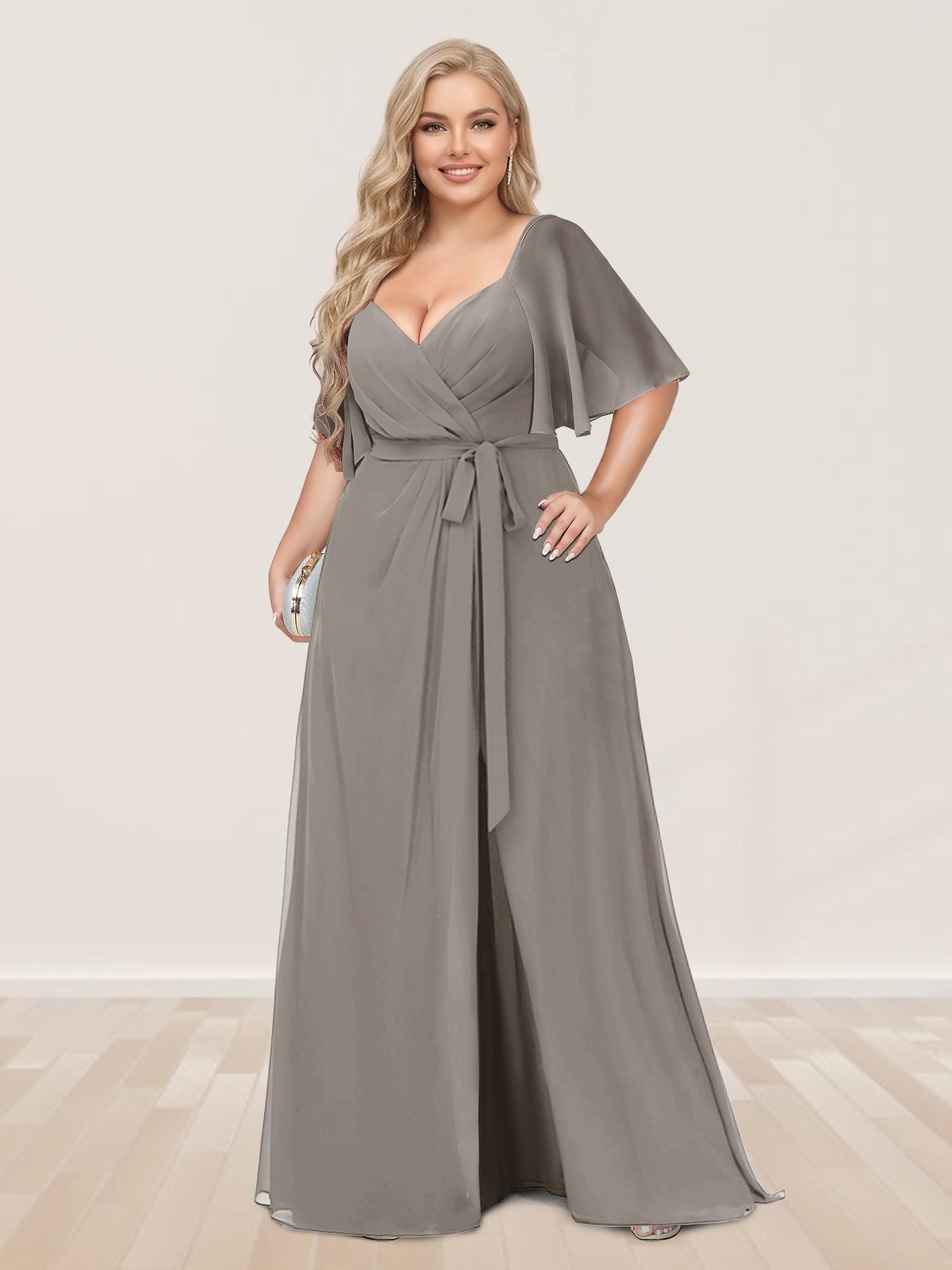 A-Line/Princess V-Neck Half Sleeves Plus Size Bridesmaid Dresses with Split Side Taupe