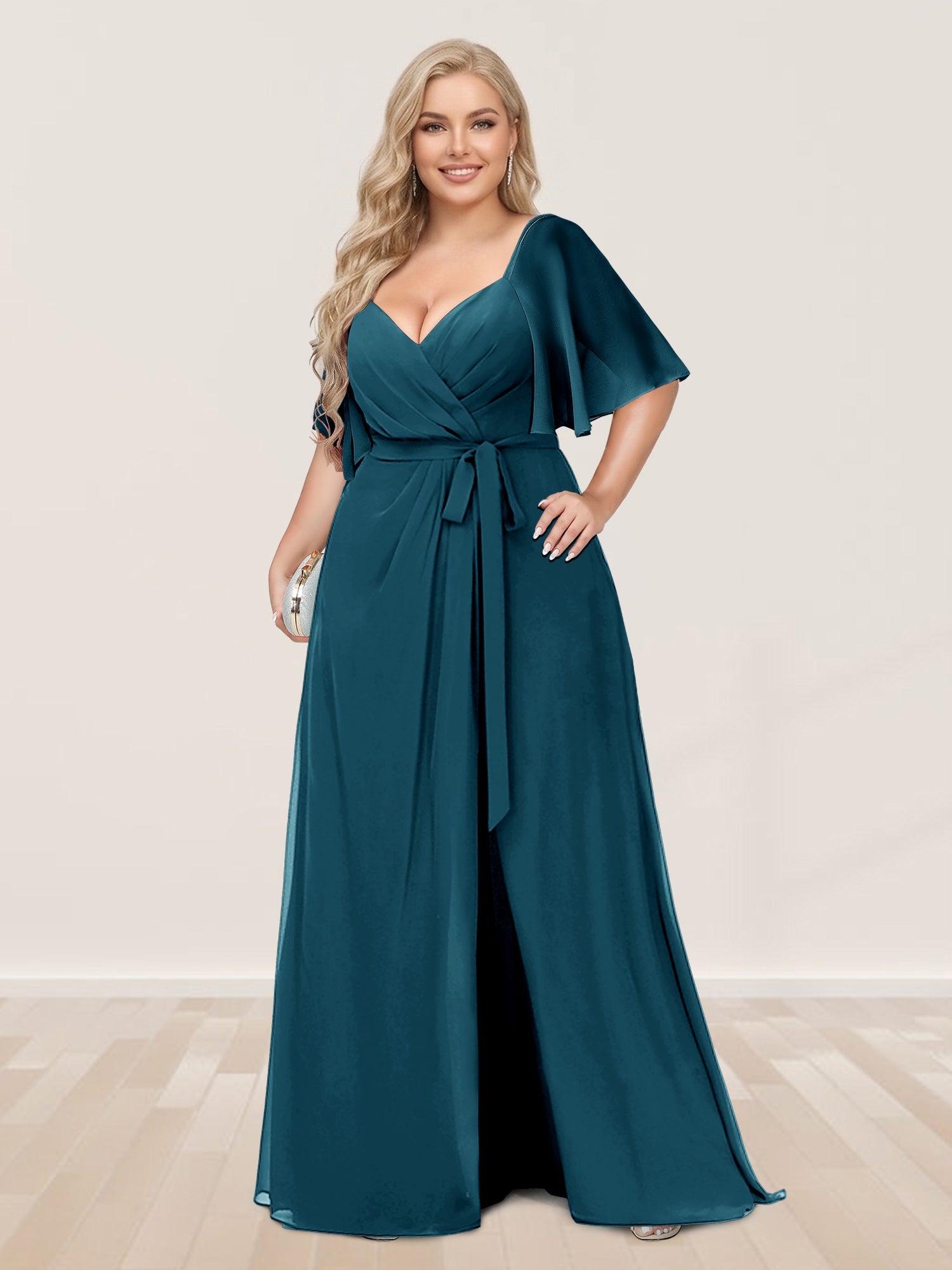 A-Line/Princess V-Neck Half Sleeves Plus Size Bridesmaid Dresses with Split Side Teal
