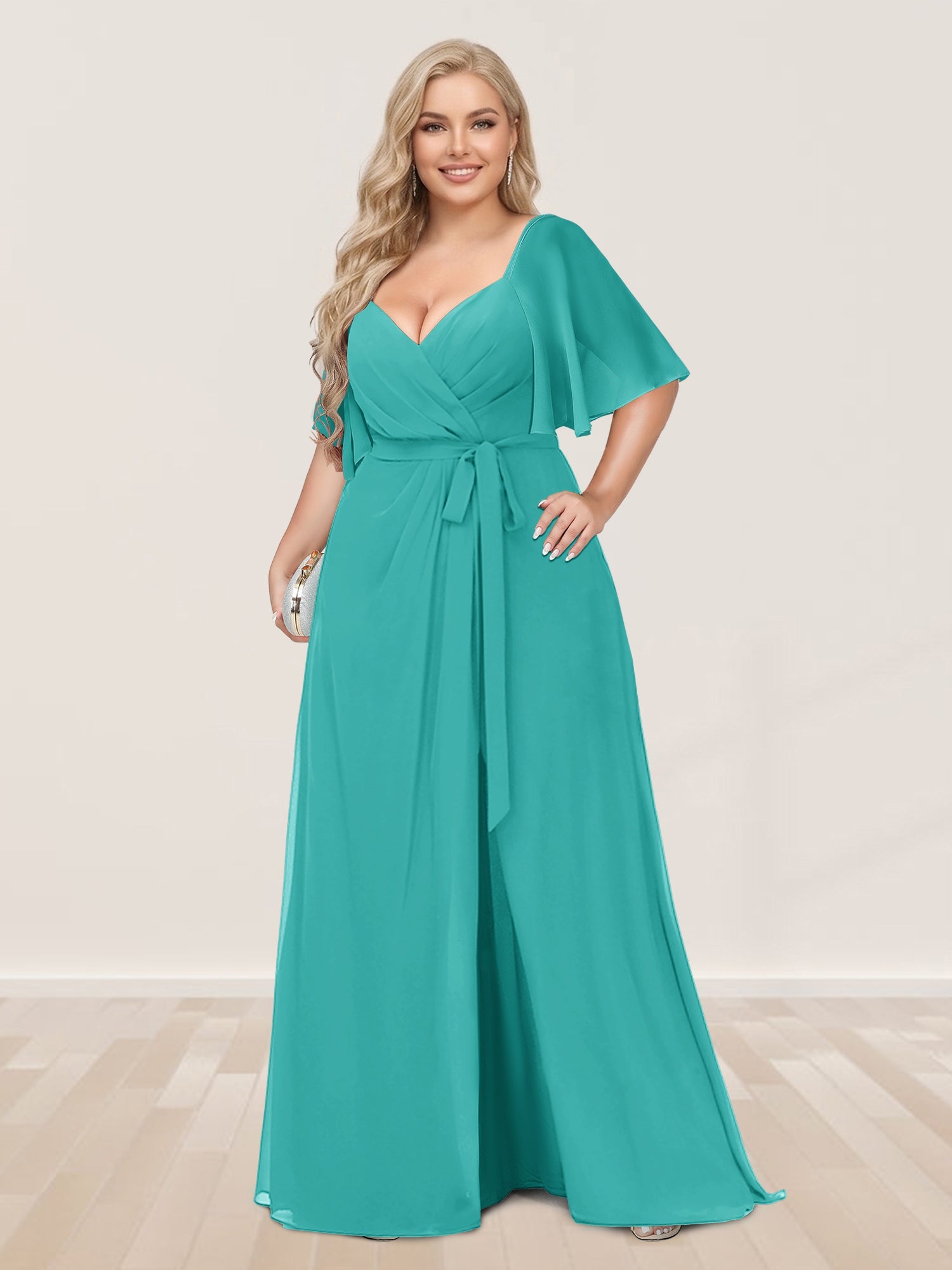 A-Line/Princess V-Neck Half Sleeves Plus Size Bridesmaid Dresses with Split Side Turquoise