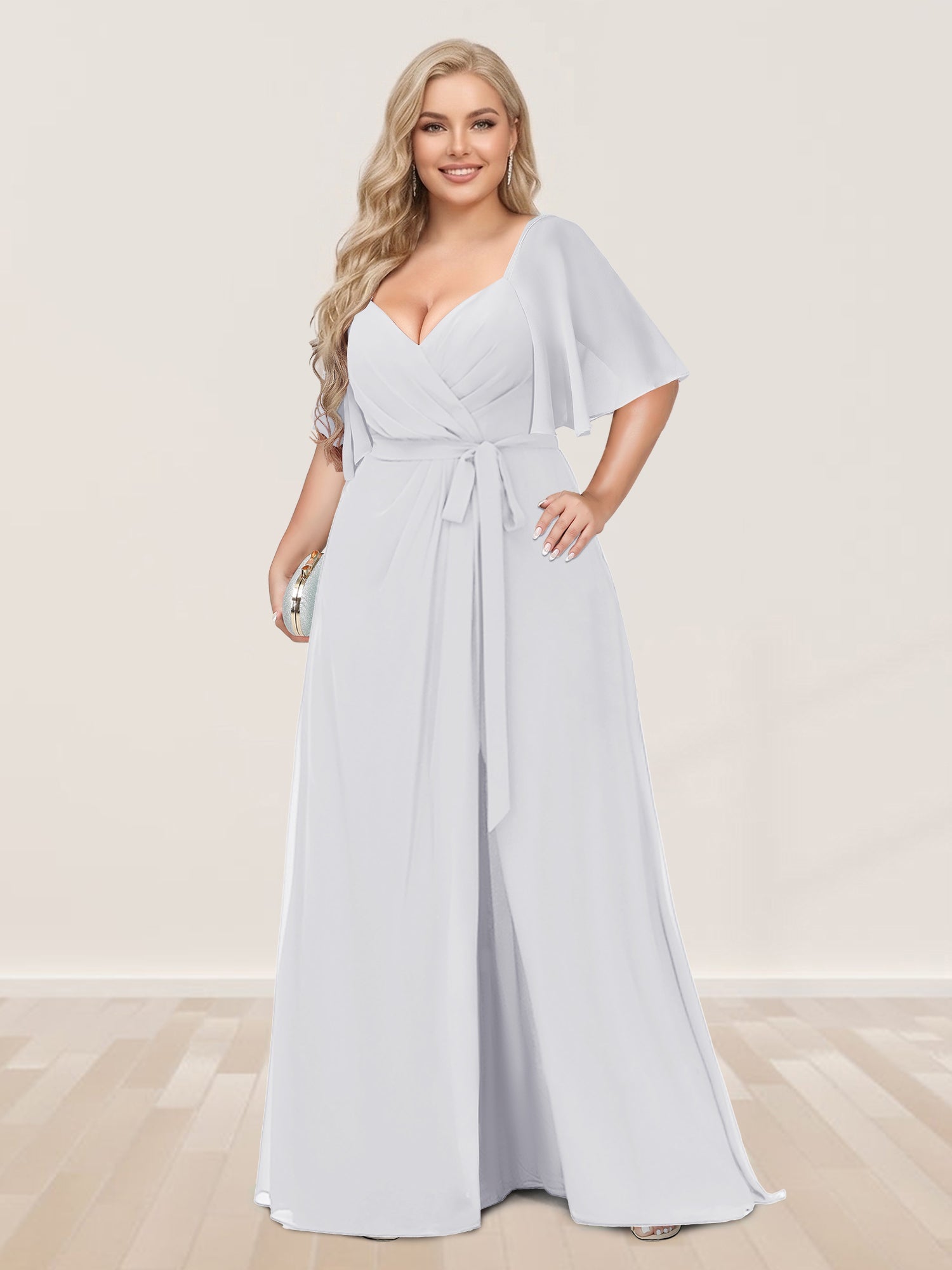 A-Line/Princess V-Neck Half Sleeves Plus Size Bridesmaid Dresses with Split Side White