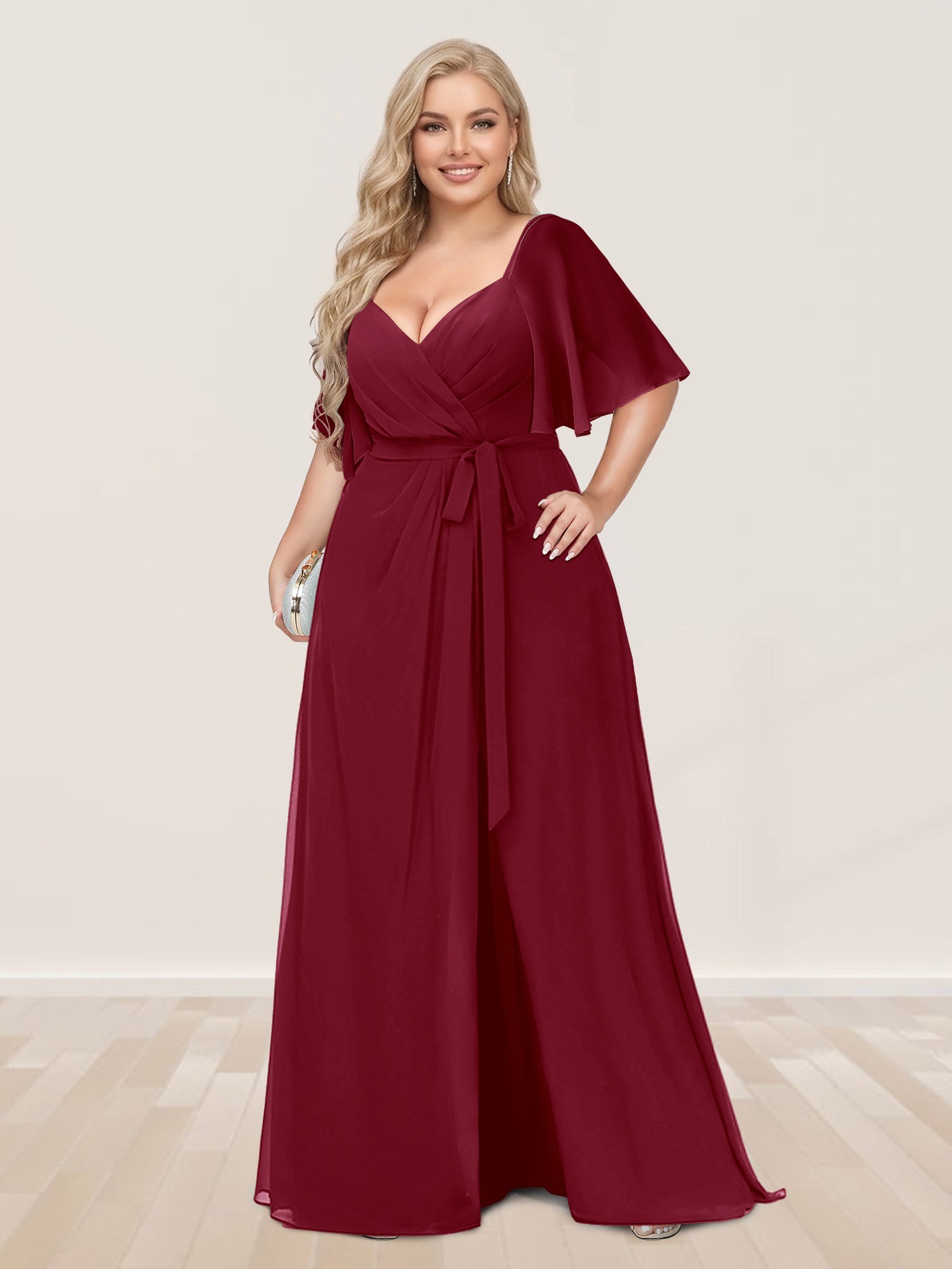 A-Line/Princess V-Neck Half Sleeves Plus Size Bridesmaid Dresses with Split Side Wine Red