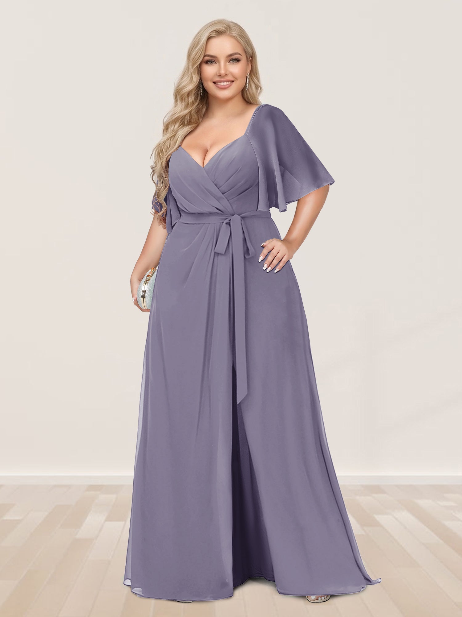 A-Line/Princess V-Neck Half Sleeves Plus Size Bridesmaid Dresses with Split Side Wisteria