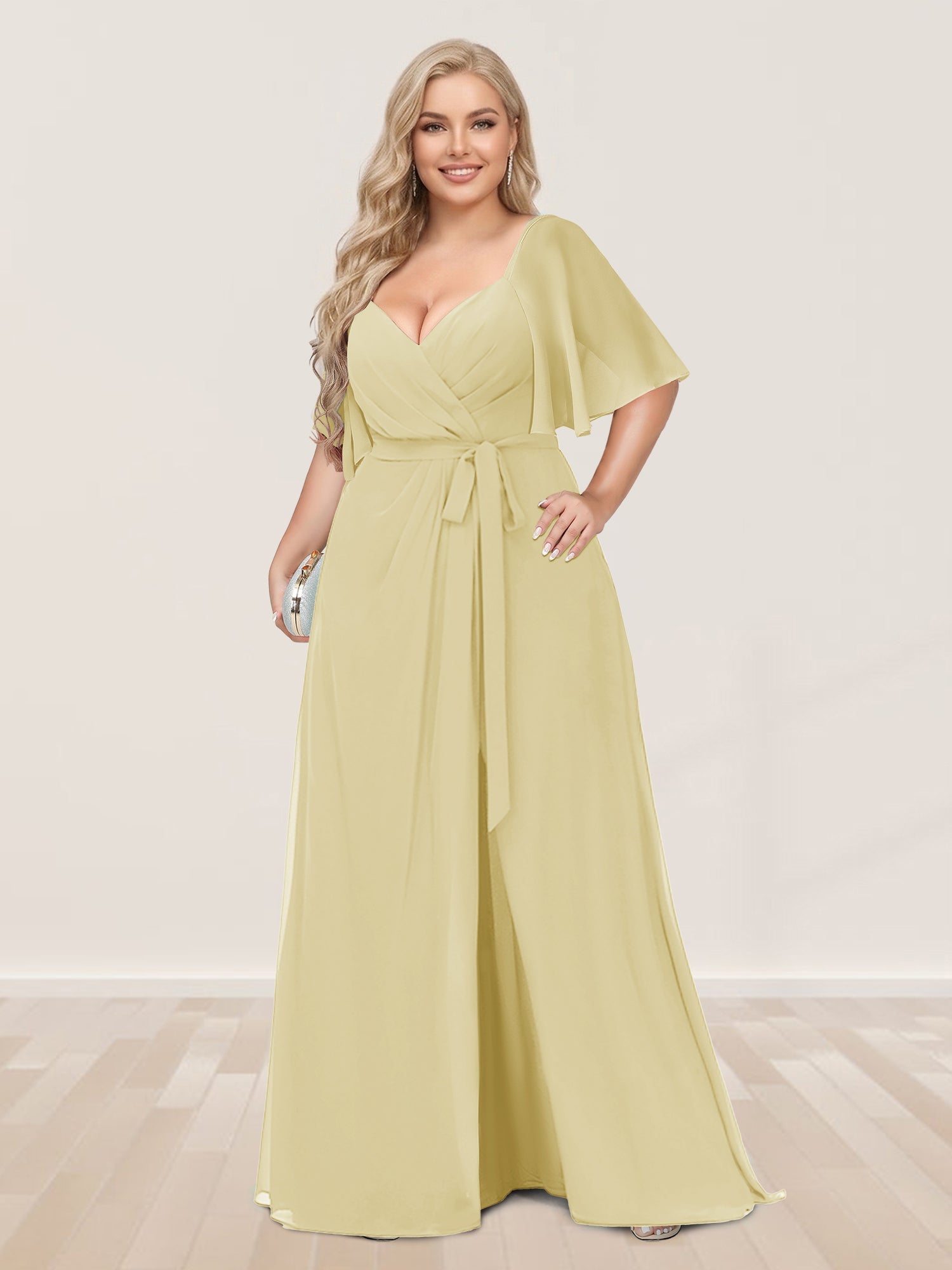 A-Line/Princess V-Neck Half Sleeves Plus Size Bridesmaid Dresses with Split Side Yellow