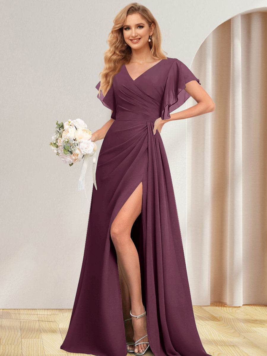 A-Line/Princess V-Neck Long Bridesmaid Dresses with Split Side Mulberry