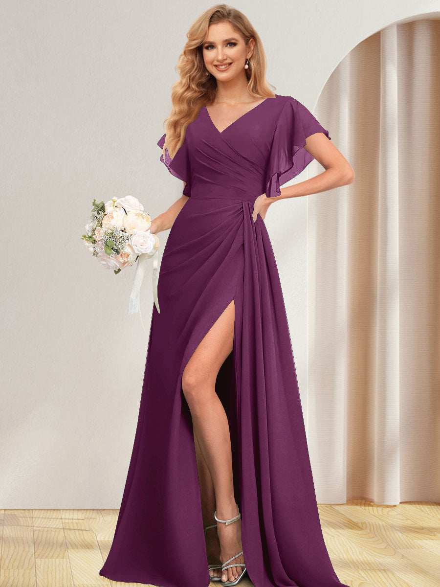 A-Line/Princess V-Neck Long Bridesmaid Dresses with Split Side Orchid