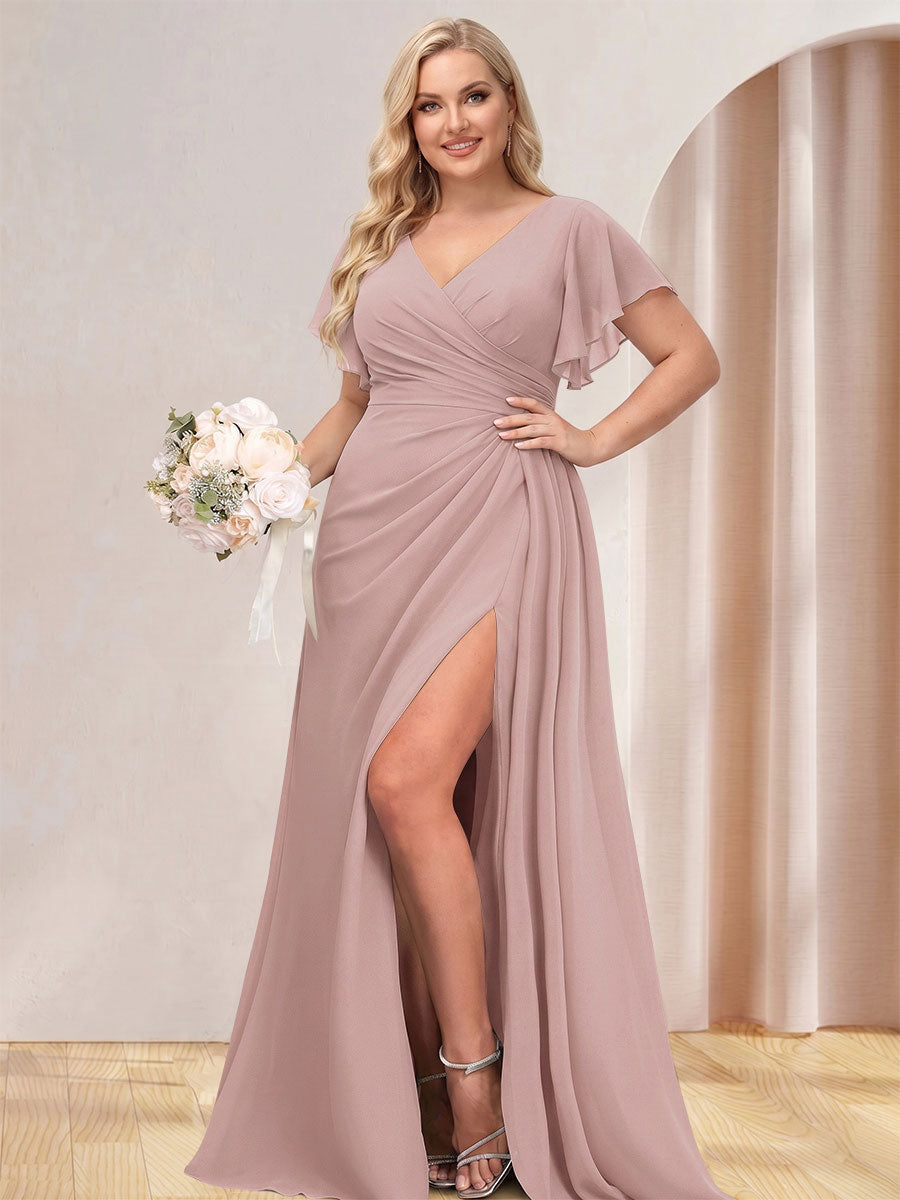 A-Line/Princess V-Neck Long Plus Size Bridesmaid Dresses with Split Side Dusty Pink