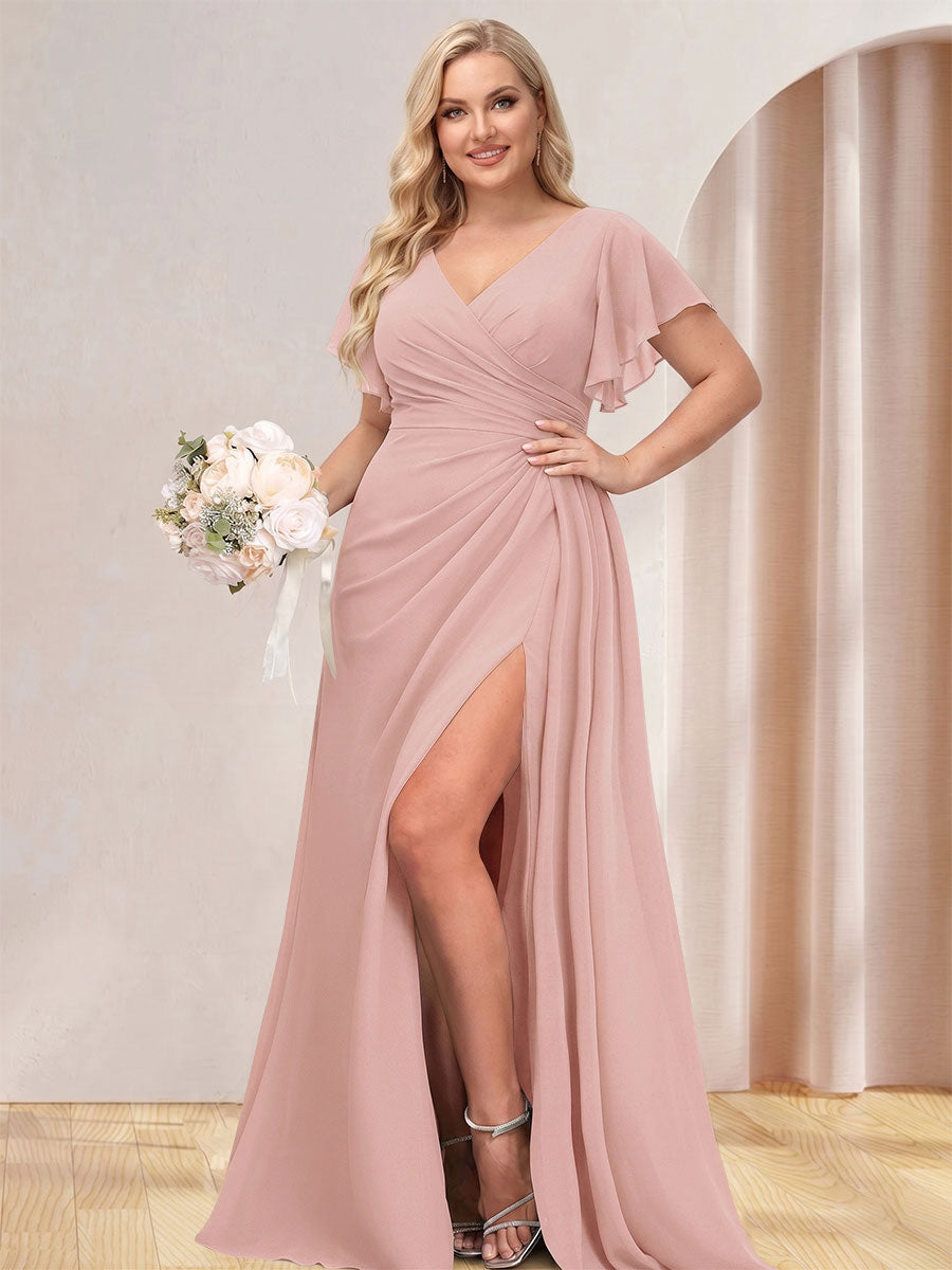 A-Line/Princess V-Neck Long Plus Size Bridesmaid Dresses with Split Side Dusty Rose