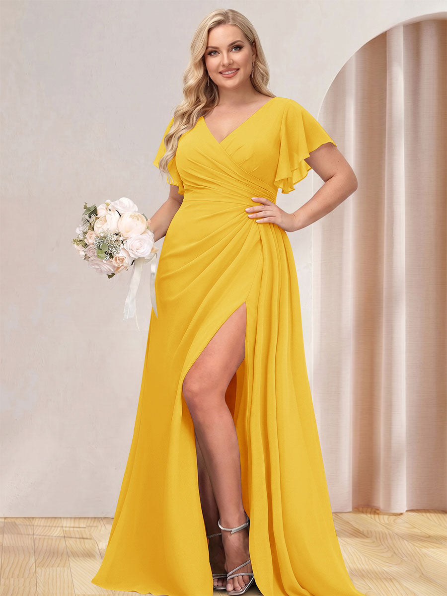 A-Line/Princess V-Neck Long Plus Size Bridesmaid Dresses with Split Side Gold